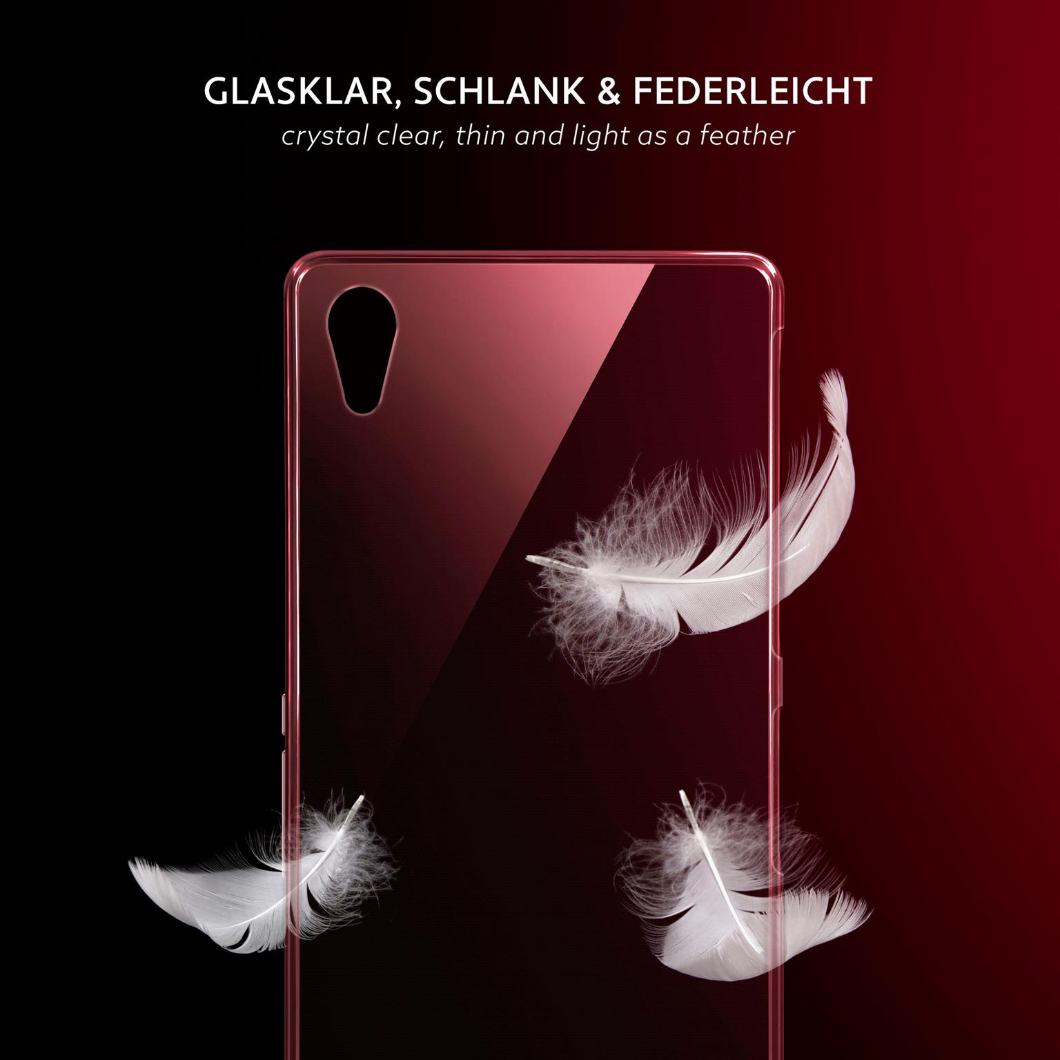 Transparente Handyhülle mit drei weißen Federn auf rotem Hintergrund. Sauber und leicht.