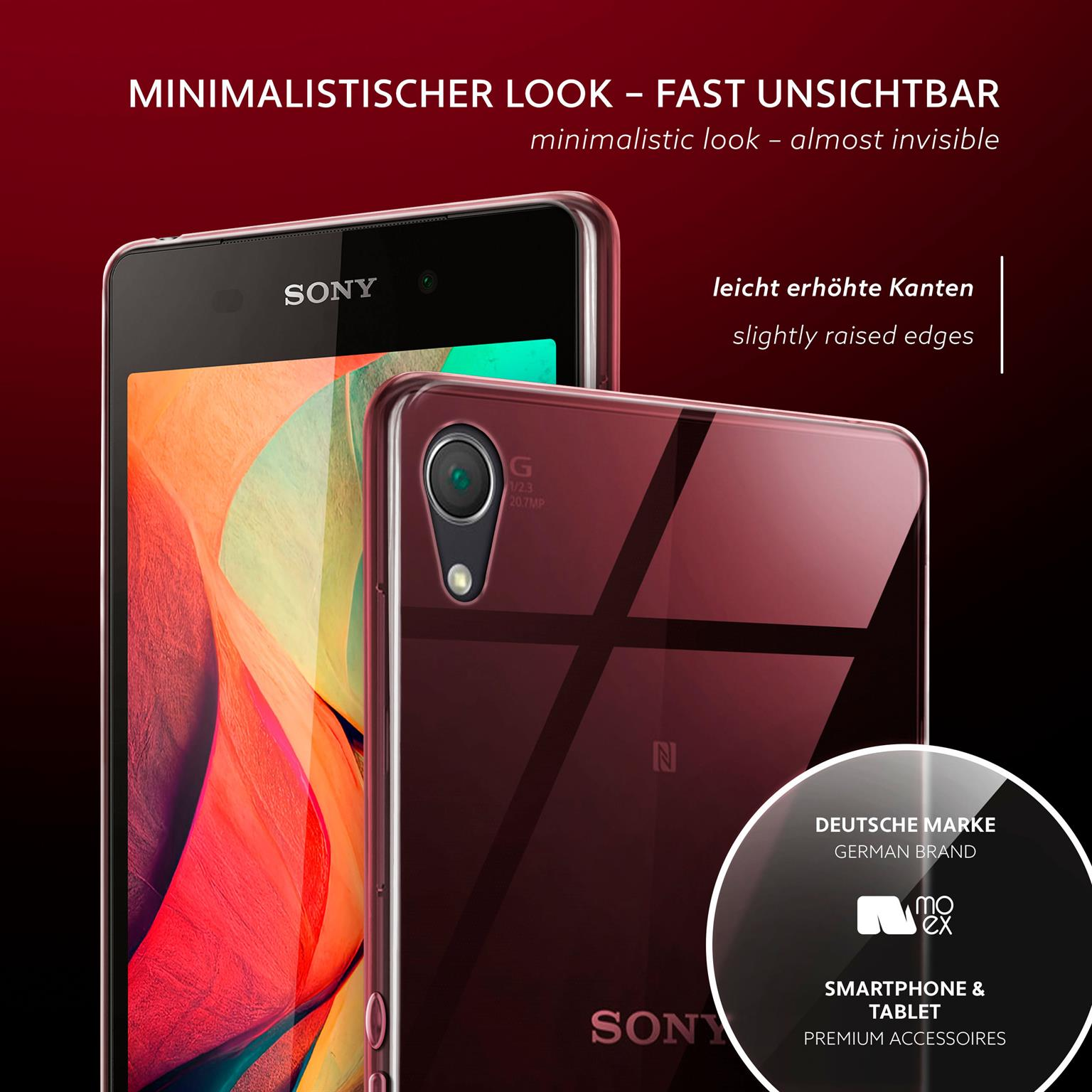 Rote Handyhülle auf einem Telefon, durchsichtiger Rücken, mit deutschem Markenlogo.