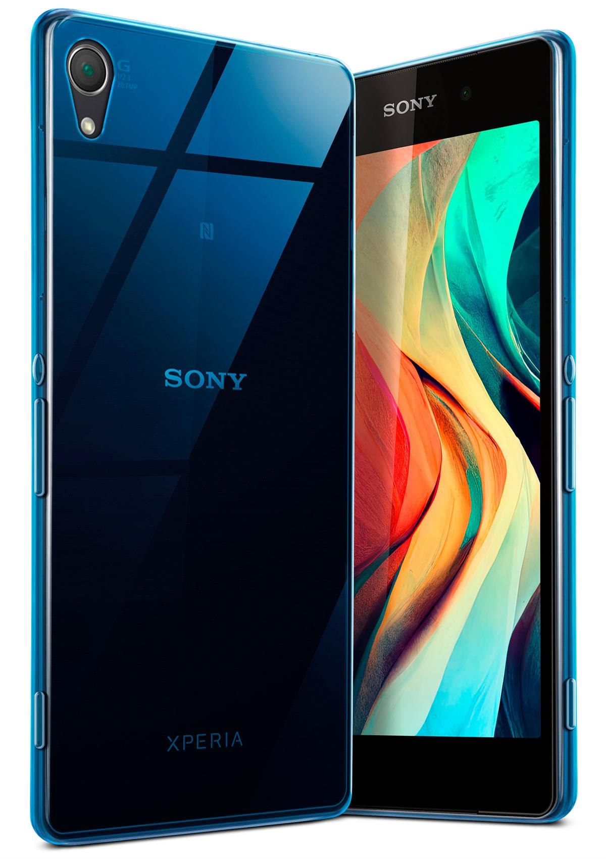 Blaues Telefon mit transparentem blauem Gehäuse. Zeigt den Bildschirm des Telefons.
