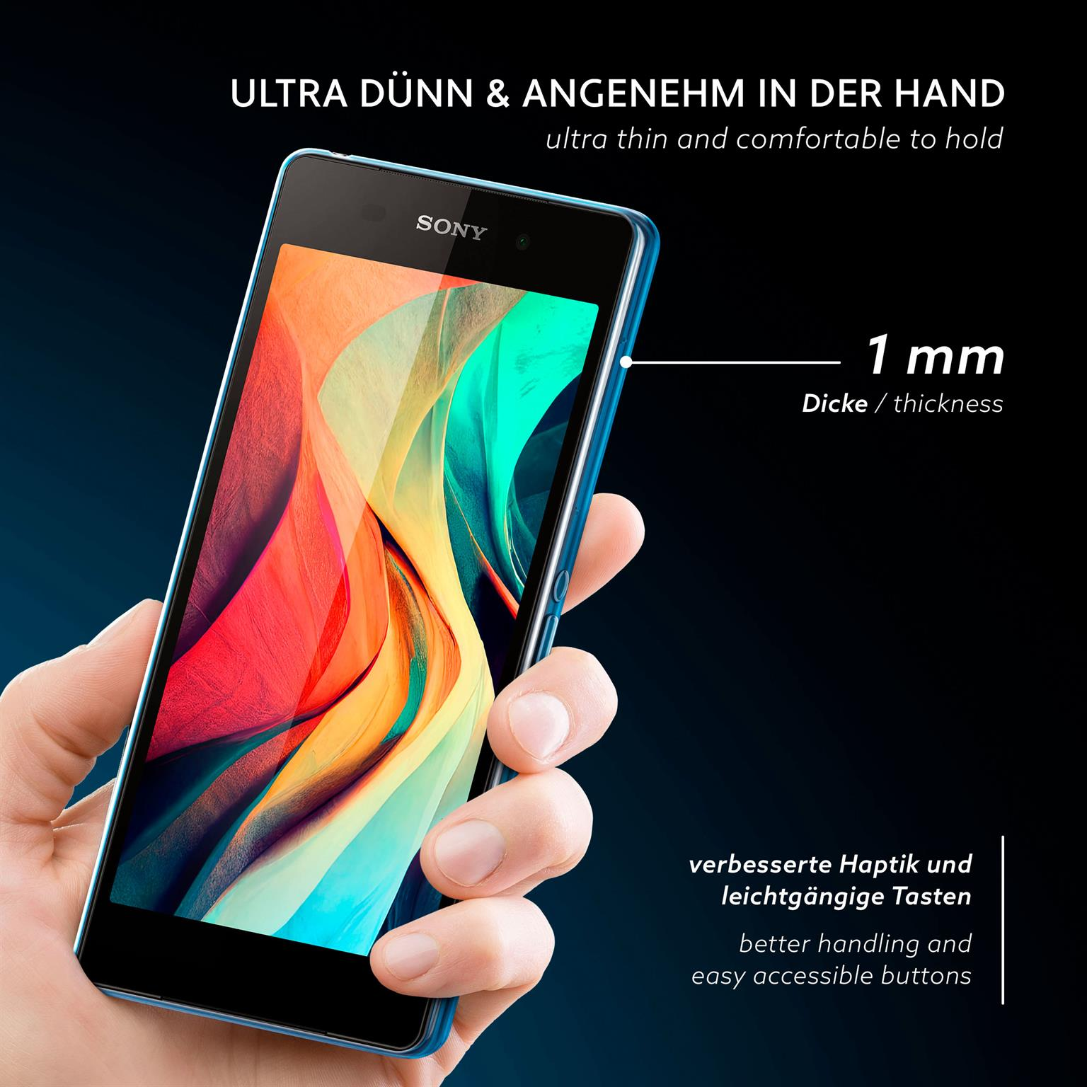 Eine Hand, die ein blaues Smartphone hält. Das Telefon zeigt ein farbenfrohes abstraktes Bild.