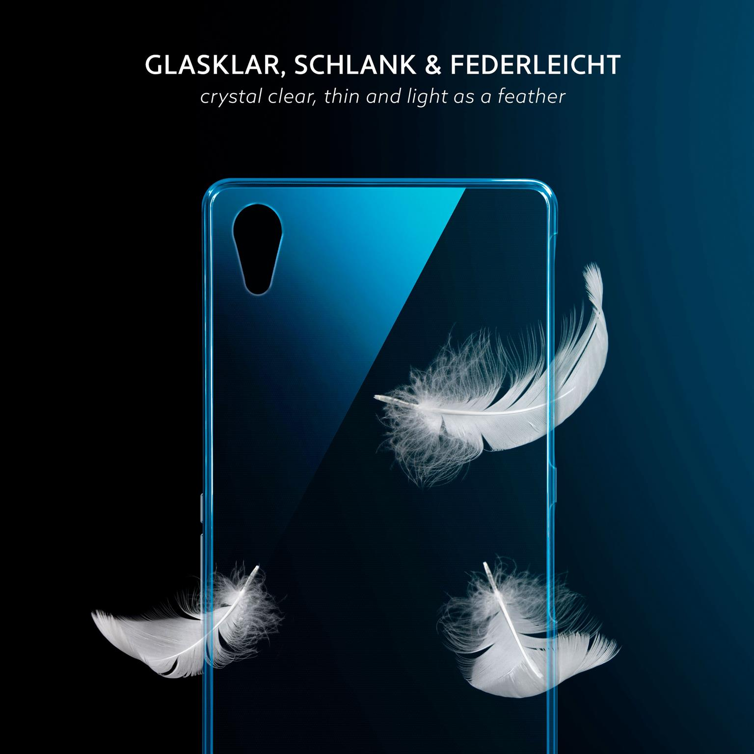 Blaue Handyhülle mit Federn. Text: Kristallklar, dünn und federleicht.