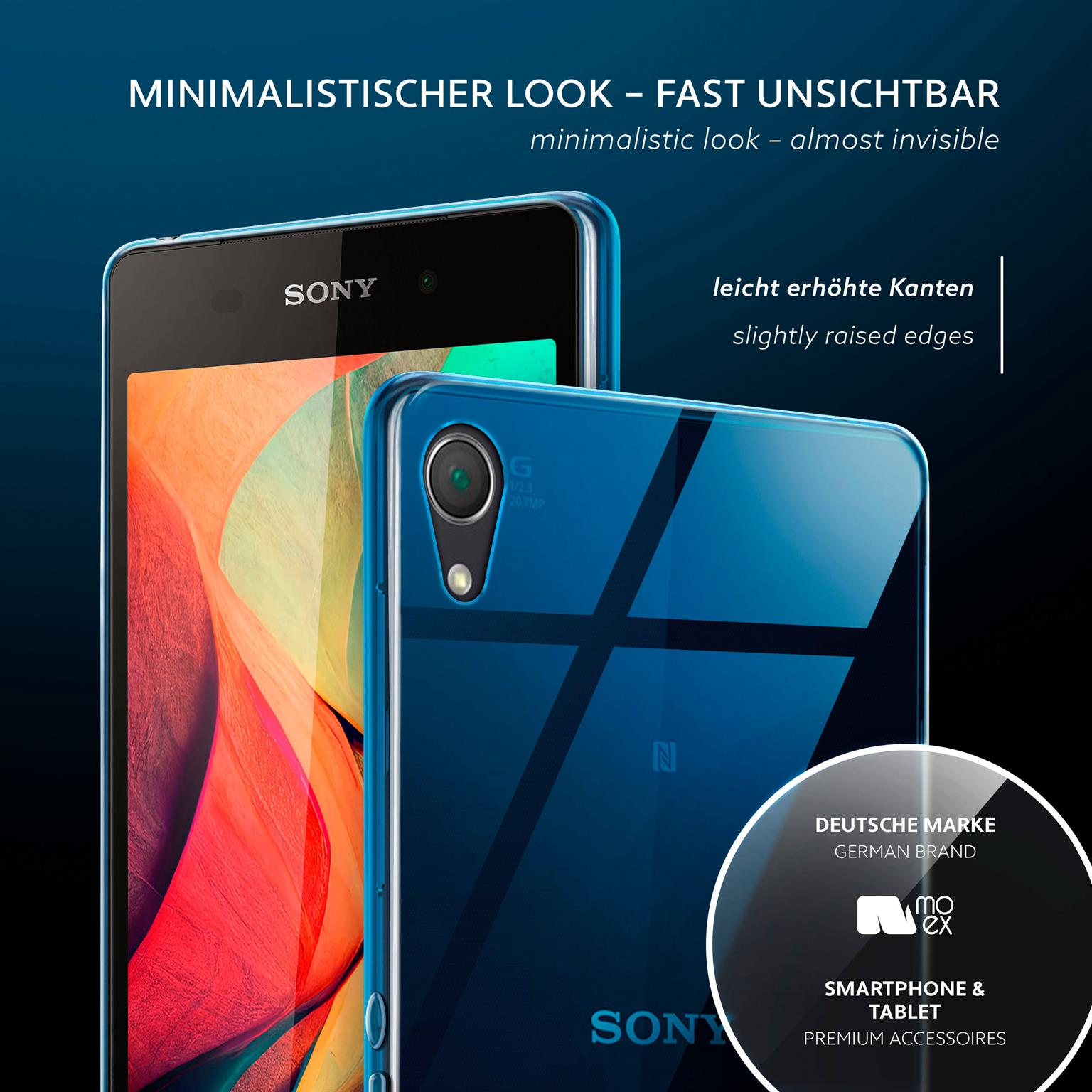 Zwei Telefone, eines schwarz, eines blau, mit einer blauen transparenten Hülle. Weißes Markenlogo sichtbar.