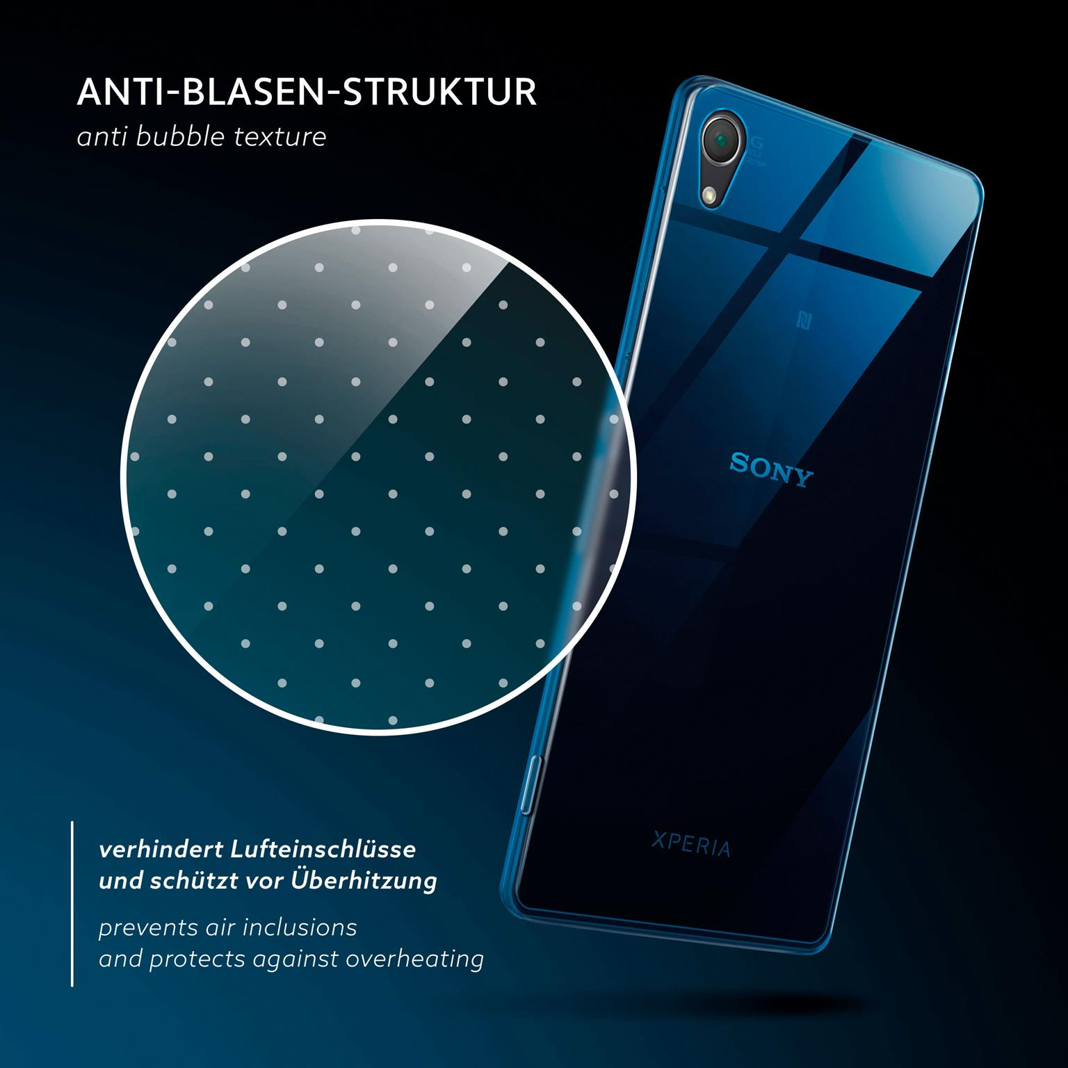 Smartphone mit klarer Hülle und Blasenstruktur. Text: Anti-Blasen-Struktur. Verhindert Lufteinschlüsse.