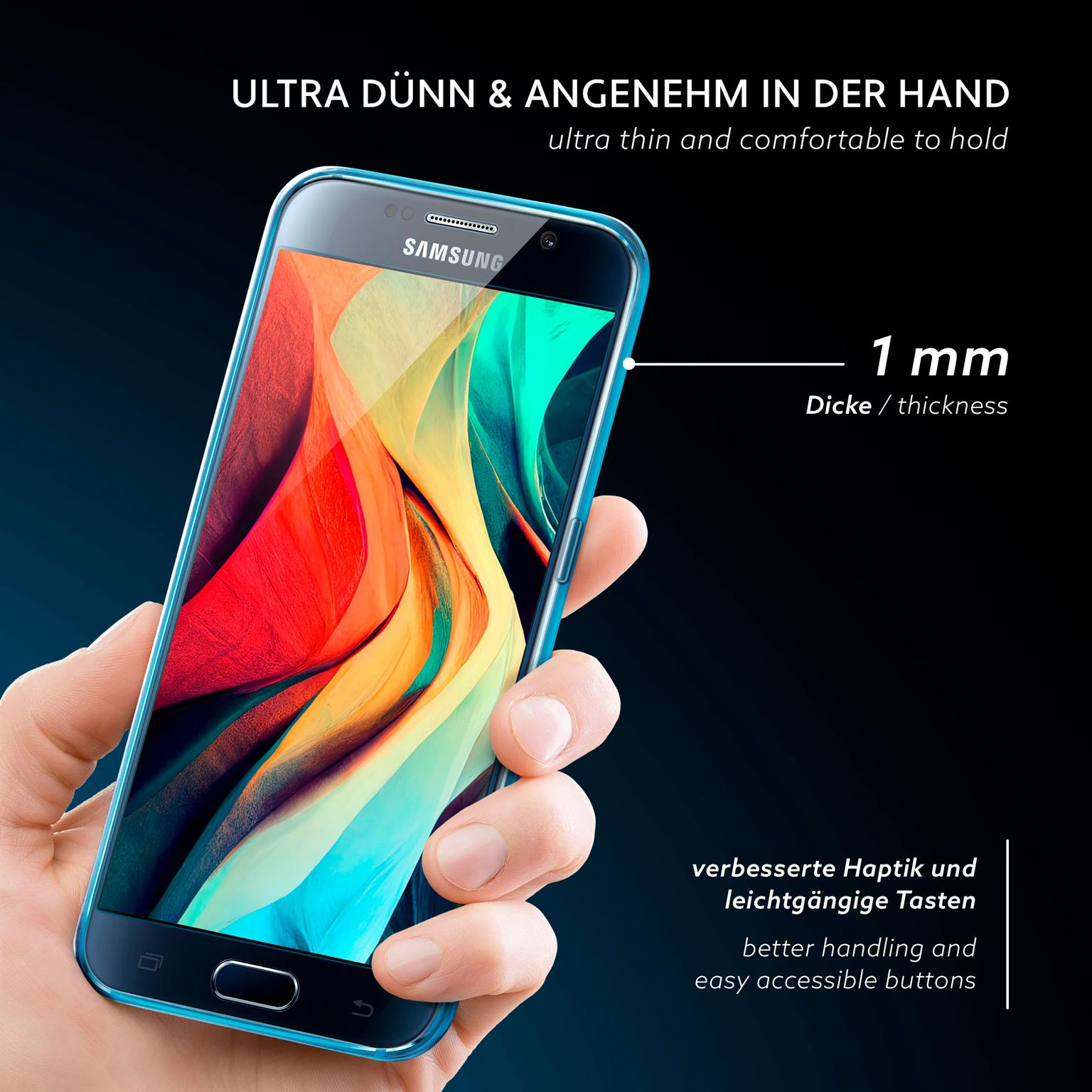 Hand hält blaue Handyhülle; Text zeigt 1 mm Dicke, bessere Handhabung.