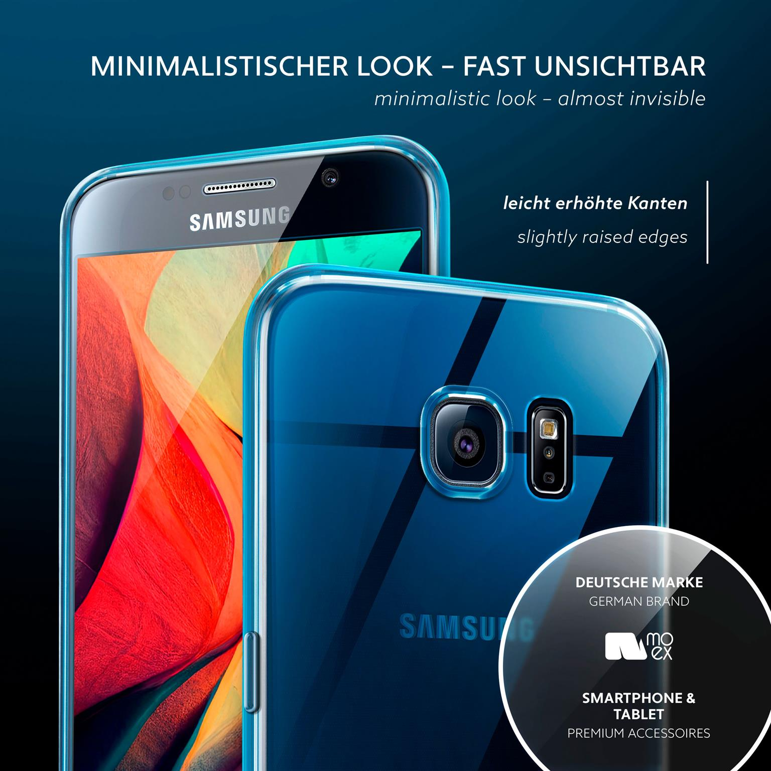 Zwei Telefone mit transparenten blauen Hüllen. Der Markenname ist auf der Rückseite sichtbar.