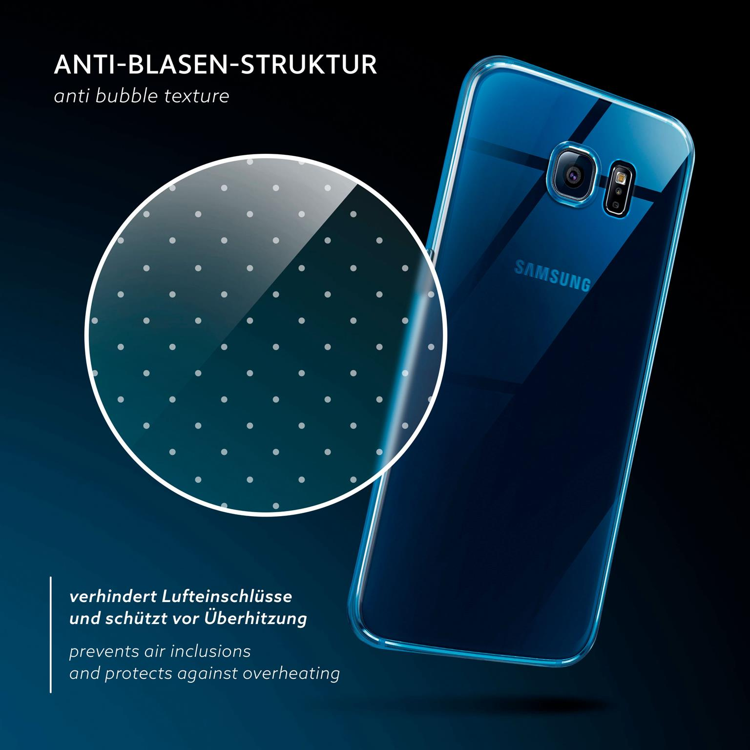 Blaues Telefon in einer transparenten Hülle mit Blasen verhindernder Textur. Dunkler Hintergrund mit Text.