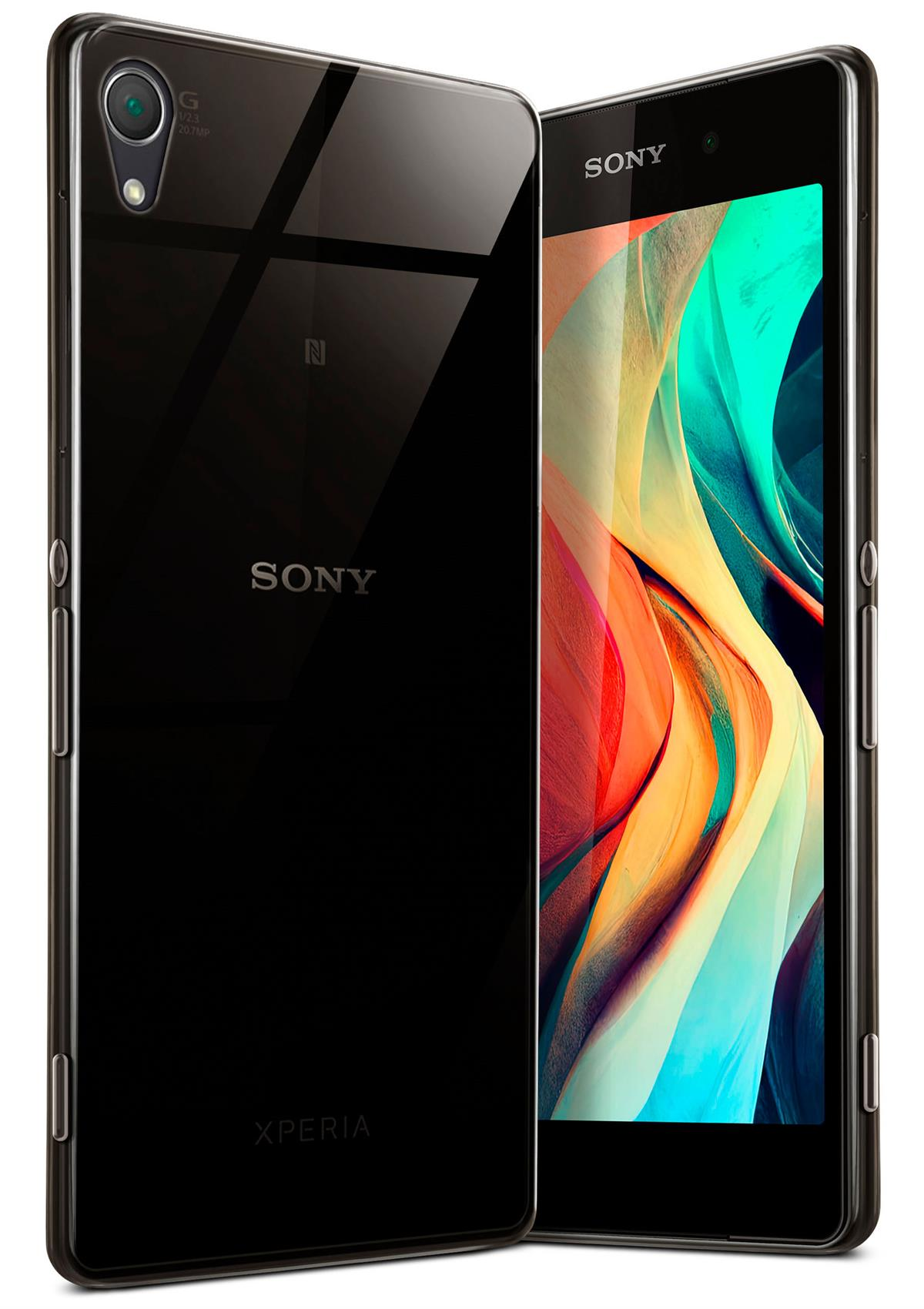 Schwarzes Sony Telefon. Abgewinkelt. Kamera sichtbar. Bunter Hintergrund.