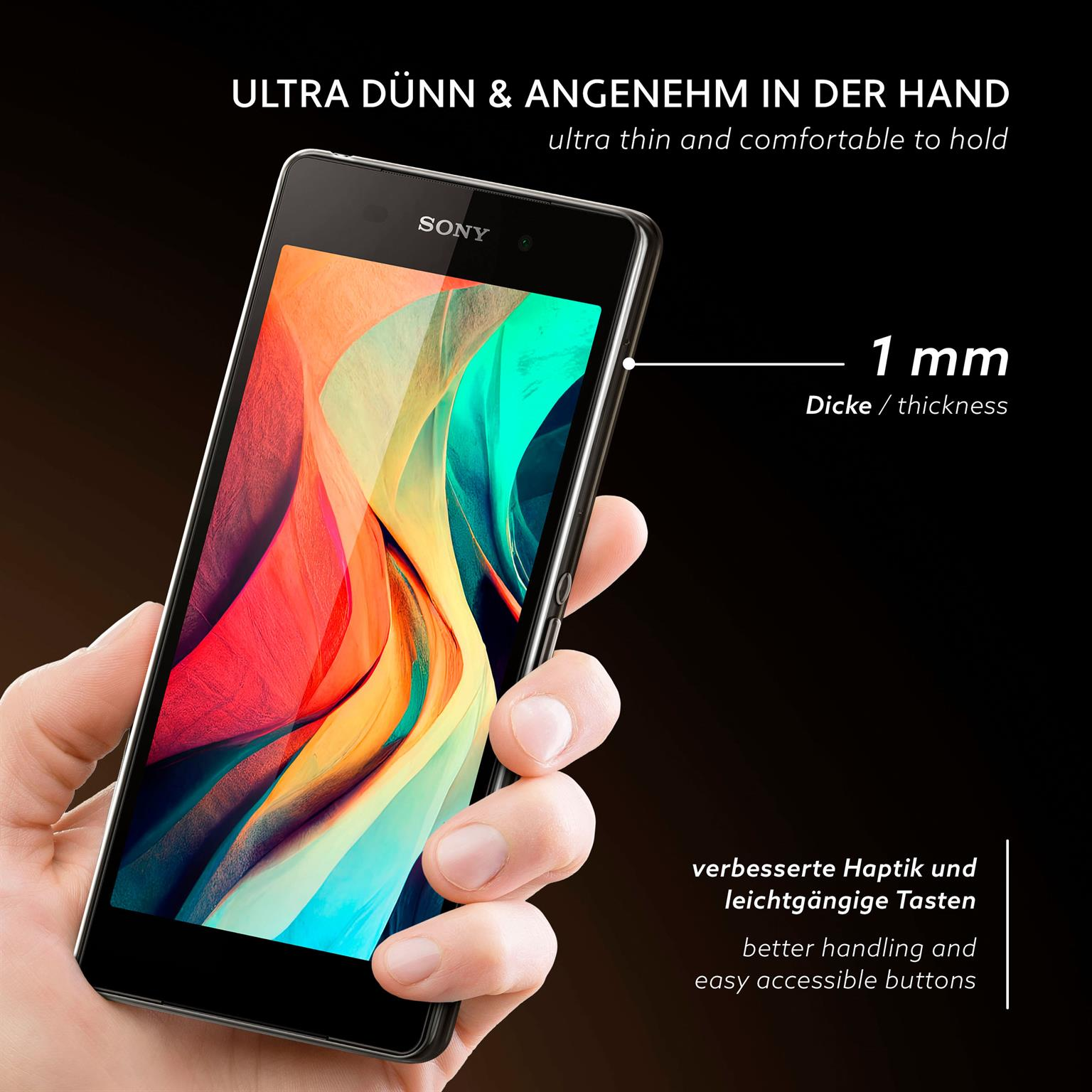 Ein schwarzes Smartphone mit einem bunten abstrakten Bild auf dem Bildschirm, das in einer Hand gehalten wird.