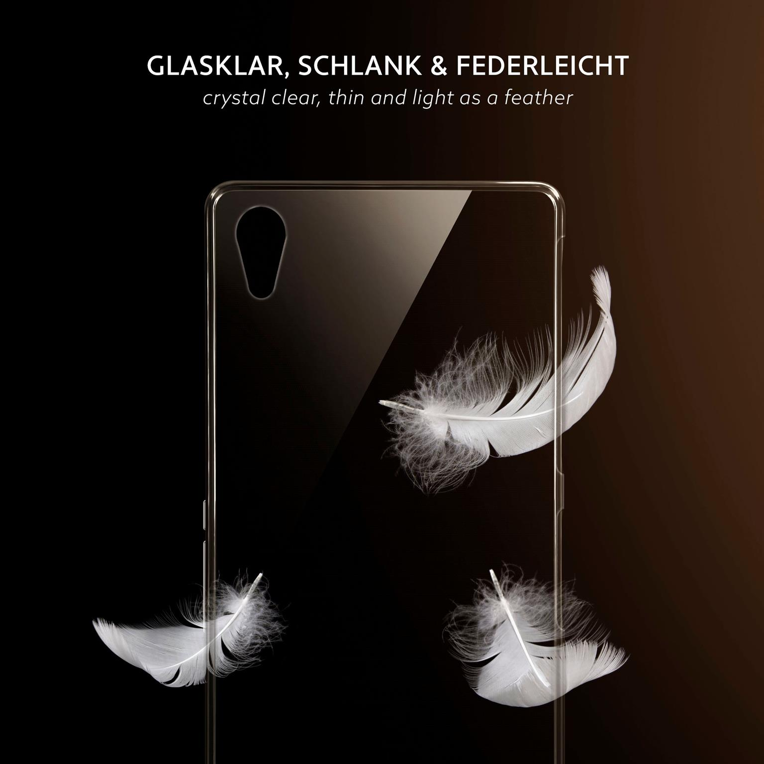 Eine transparente Handyhülle mit weißen Federn auf schwarzem Hintergrund.