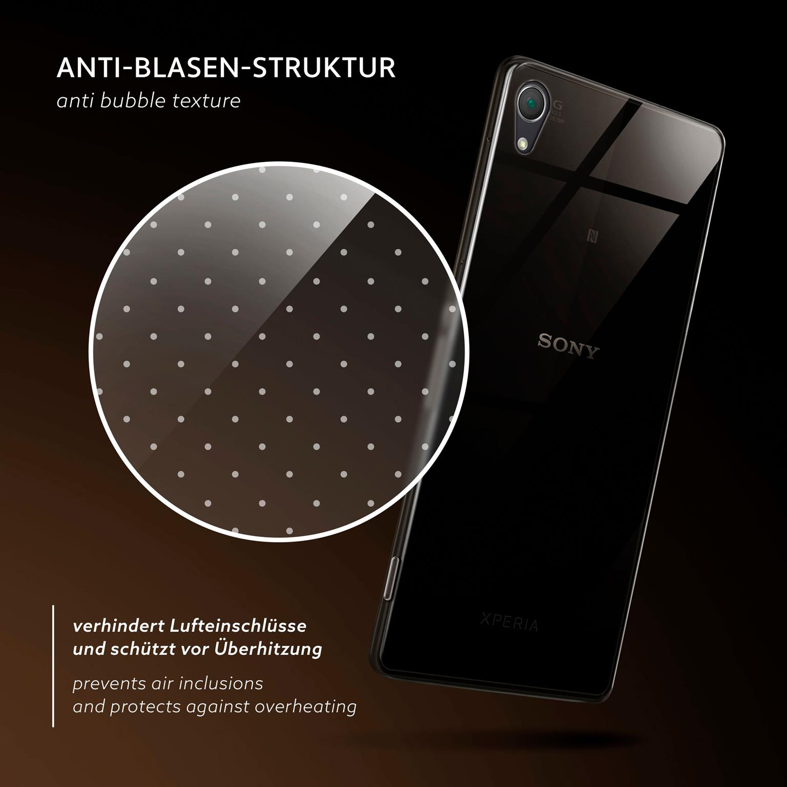 Ein schwarzes Telefon in einer klaren Hülle. Ein vergrößerter Abschnitt zeigt eine gepunktete Textur.