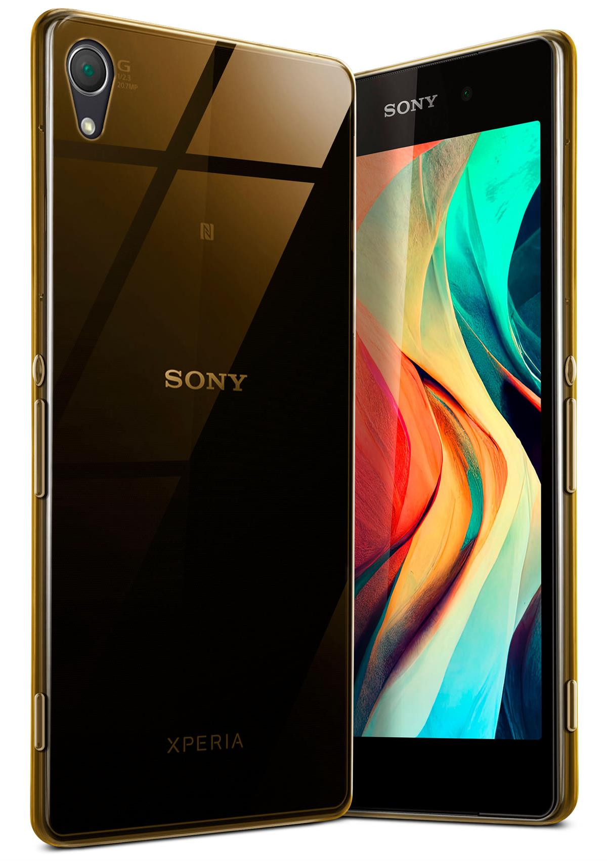 Smartphone mit transparenter Hülle. Ein farbenfrohes Design ist durch die Hülle zu sehen. Sony-Logo sichtbar.