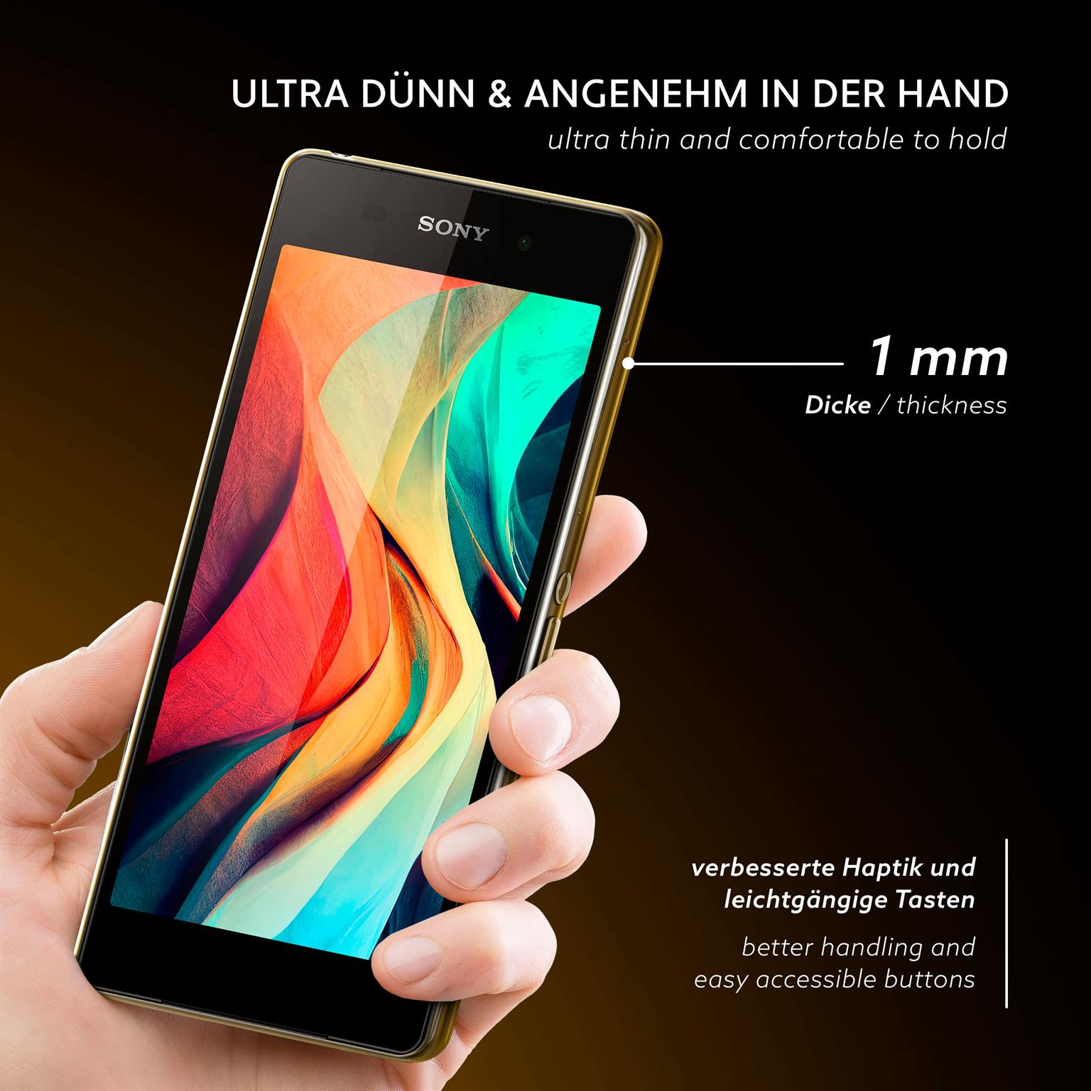 Hand hält ein goldgerahmtes Telefon. Es ist ultradünn. Der Bildschirm zeigt ein farbenfrohes abstraktes Bild.