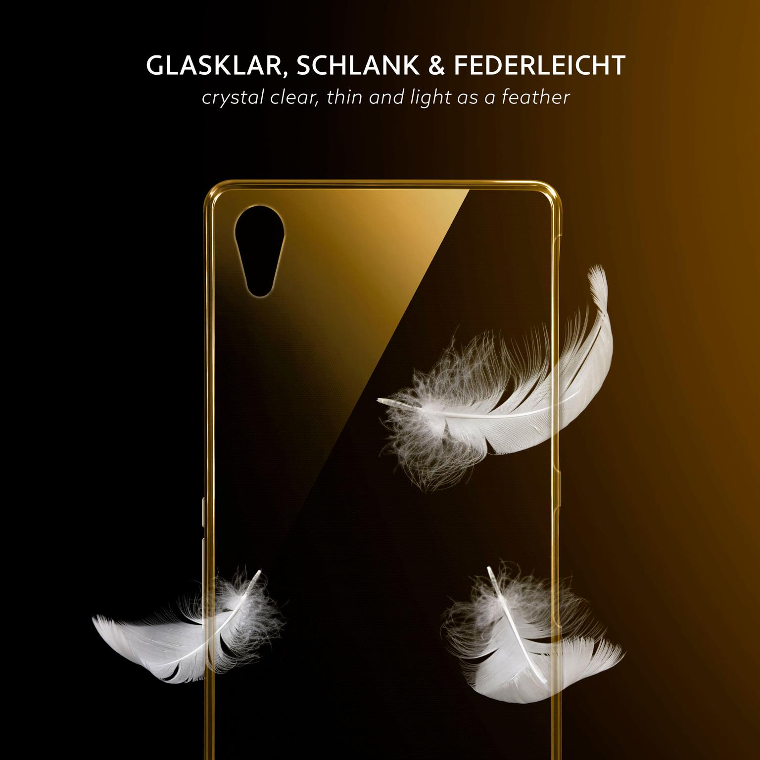 Goldene Handyhülle, kristallklar, dünn und leicht, drei weiße Federn auf Schwarz.