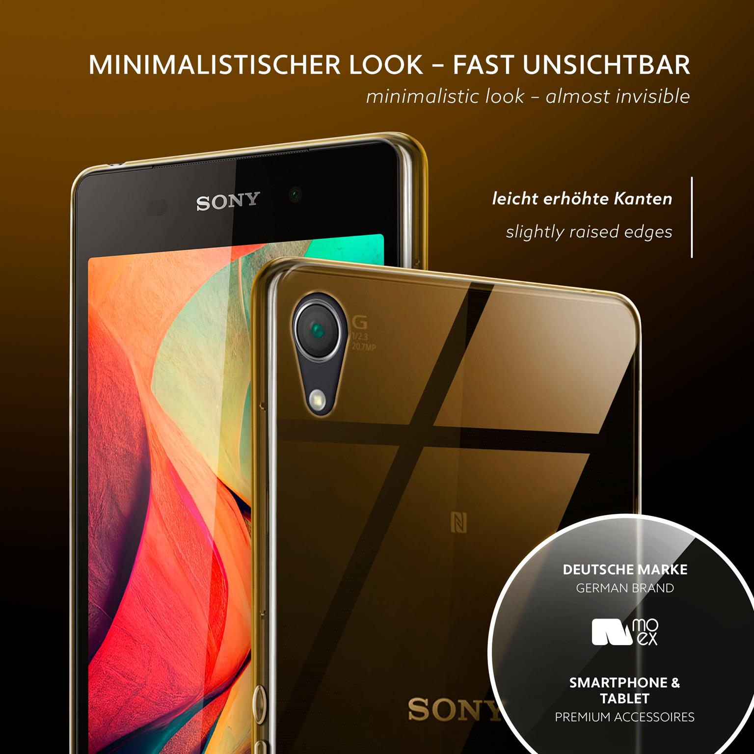 Telefon mit klarer Hülle. Telefon ist dünn, Kanten leicht erhöht. Deutsches Markenlogo auf der Hülle.