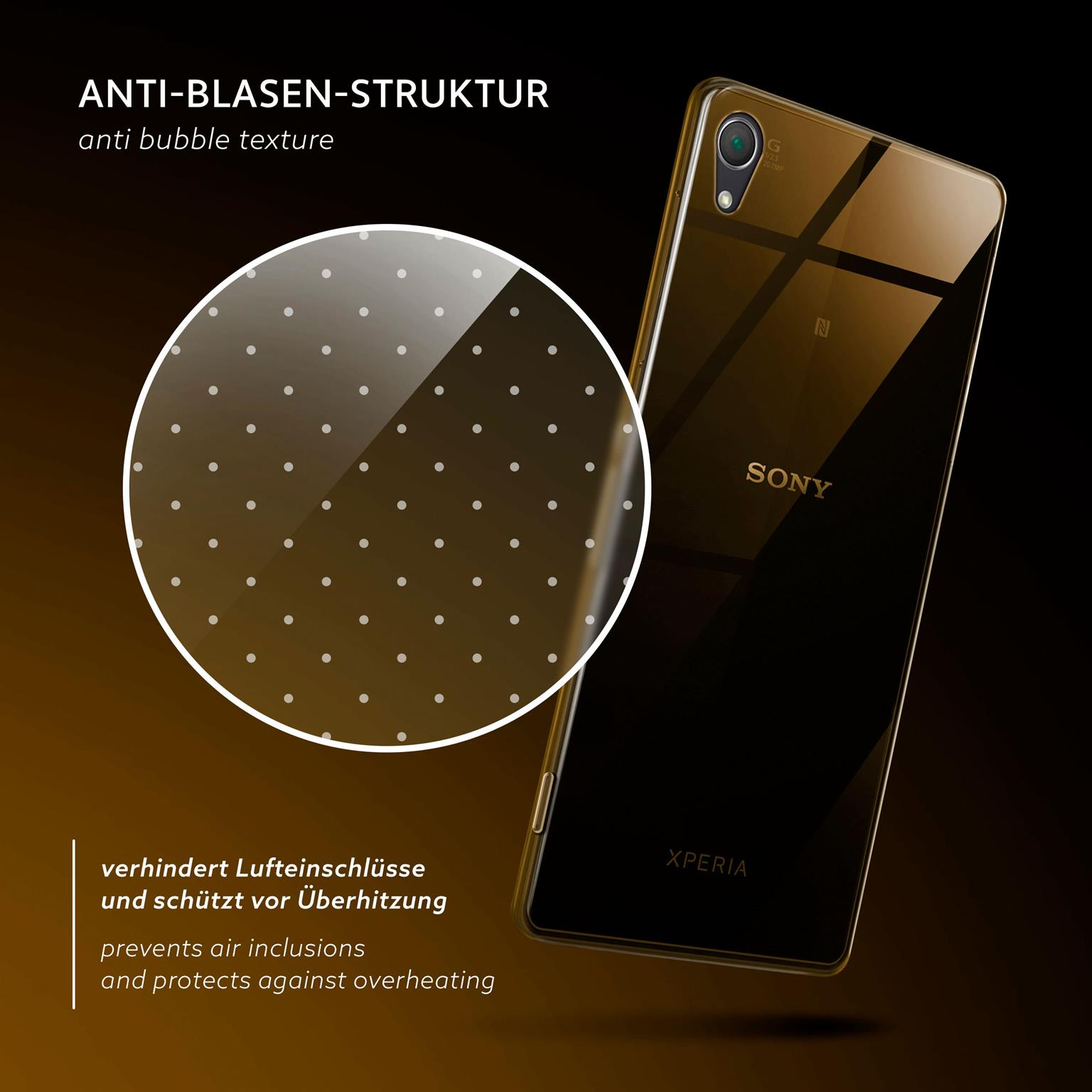 Eine Handyhülle schützt ein Telefon, mit Nahaufnahme der Anti-Blasen-Textur.