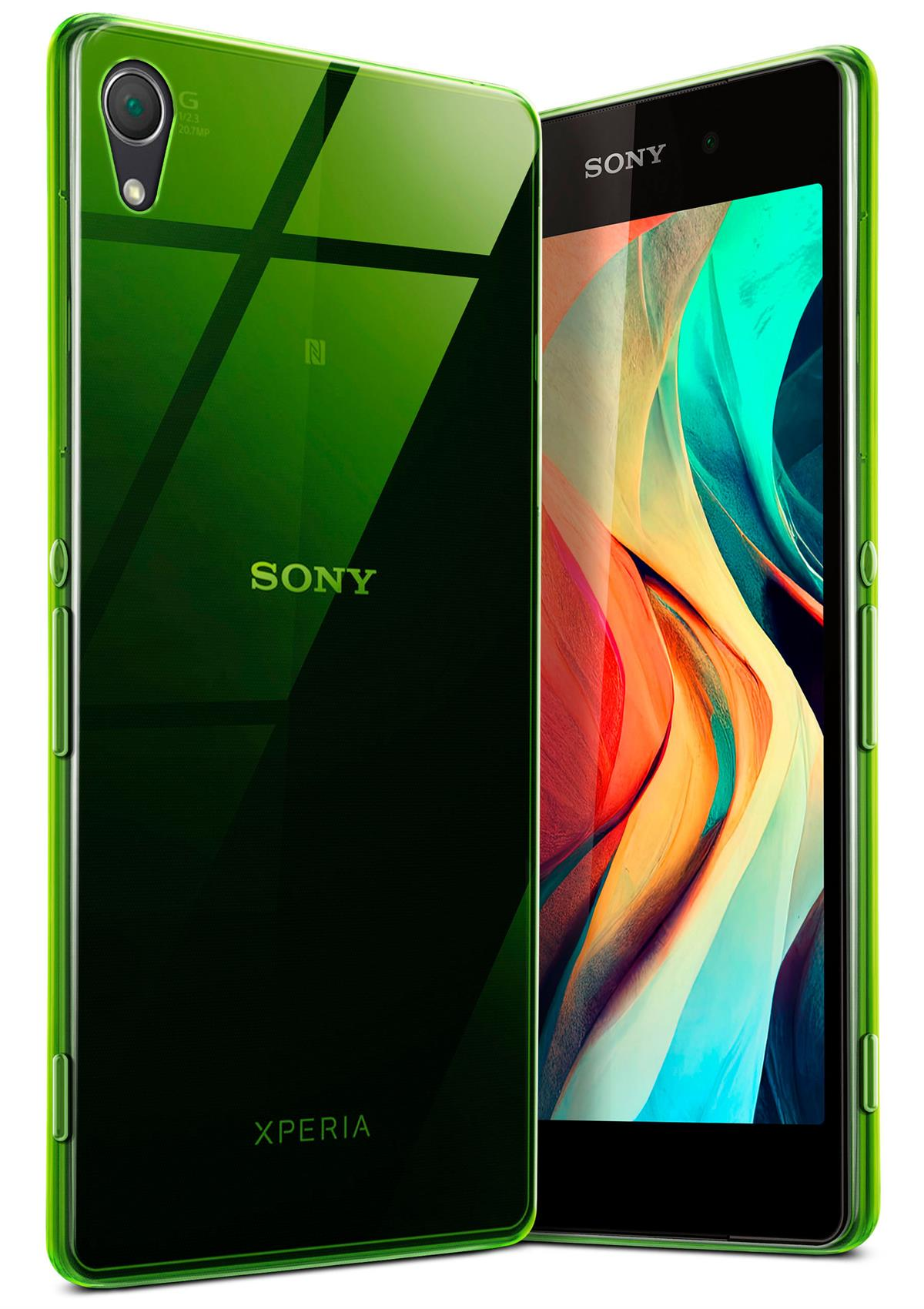 Grüne Handyhülle über einem Telefon mit buntem, abstraktem Hintergrund.