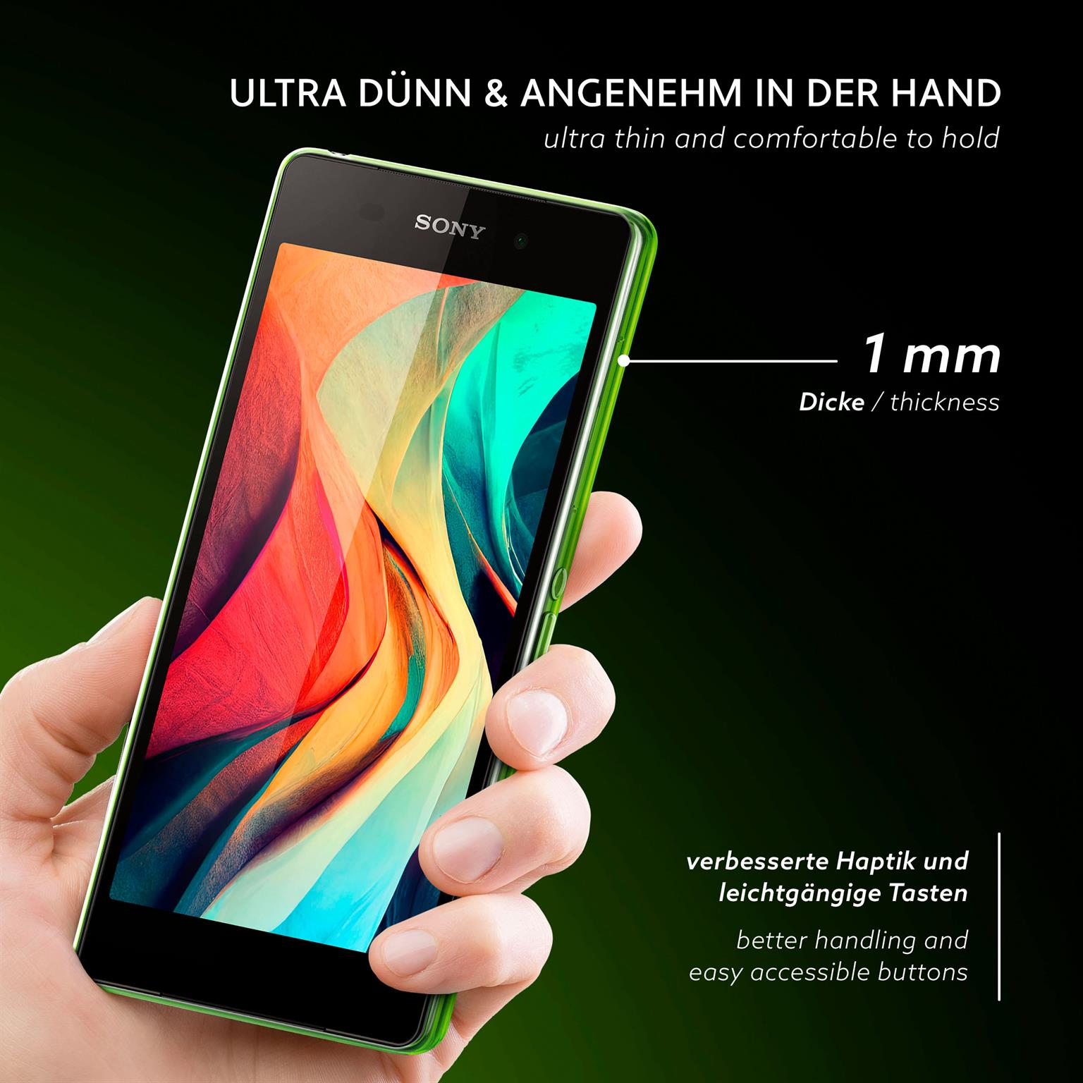 Eine Hand, die ein Telefon mit grünem Rand hält. Das Telefon zeigt ein farbenfrohes Bild.