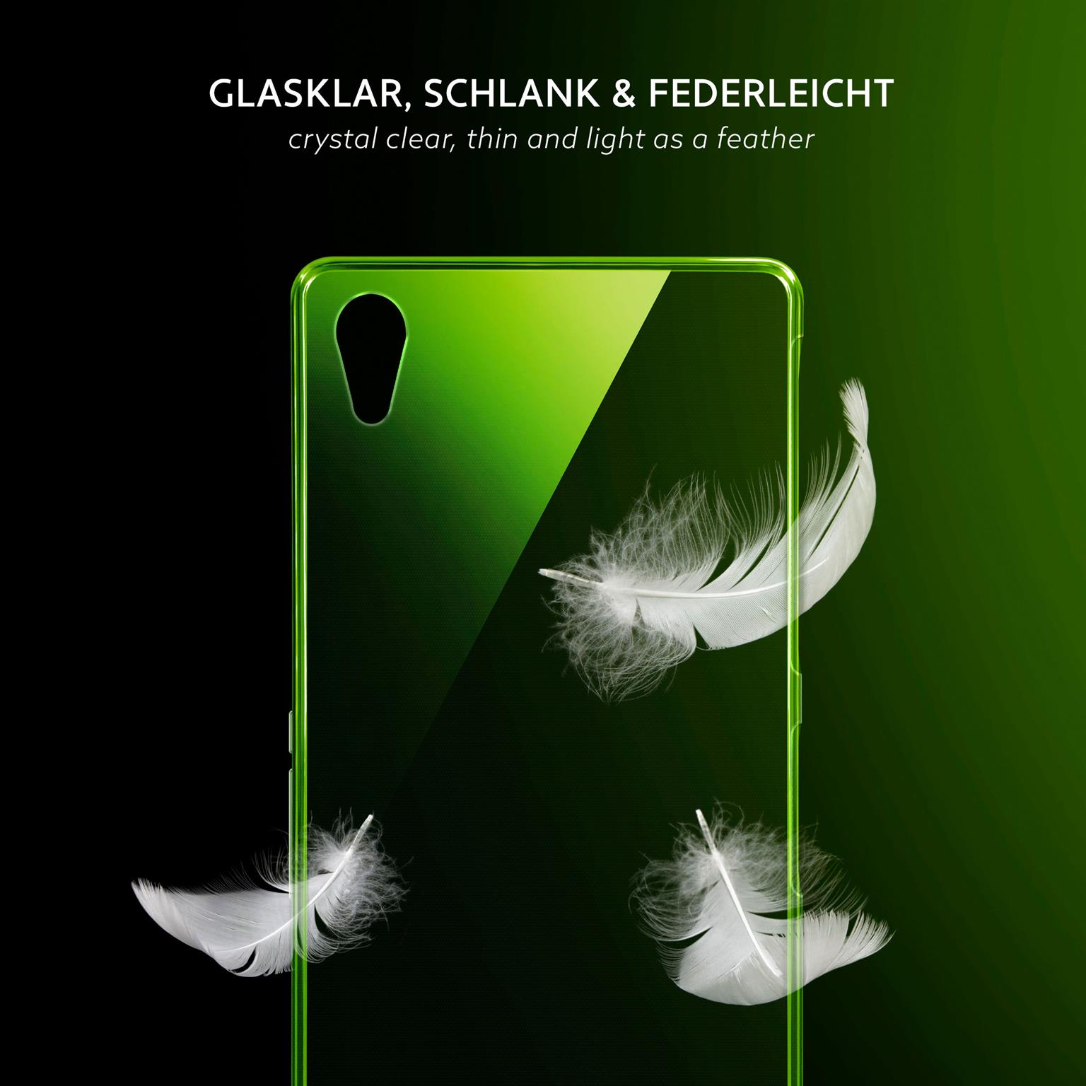 Transparente Handyhülle mit weißen Federn, die vor einem dunkelgrünen Hintergrund schweben.