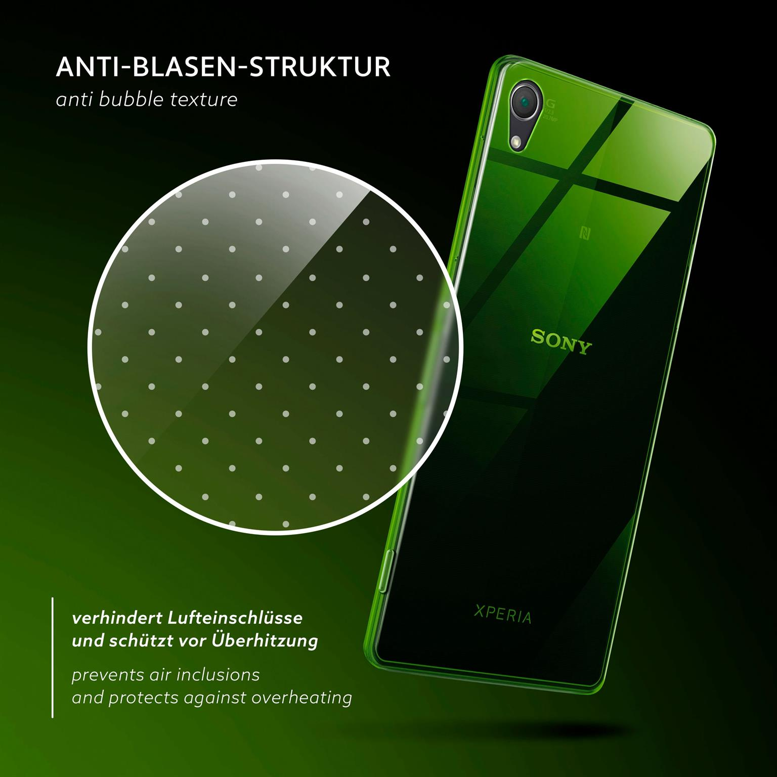 Grüne Handyhülle mit Sony Xperia Telefon. Anti-Blasen-Struktur, verhindert Lufteinschlüsse.