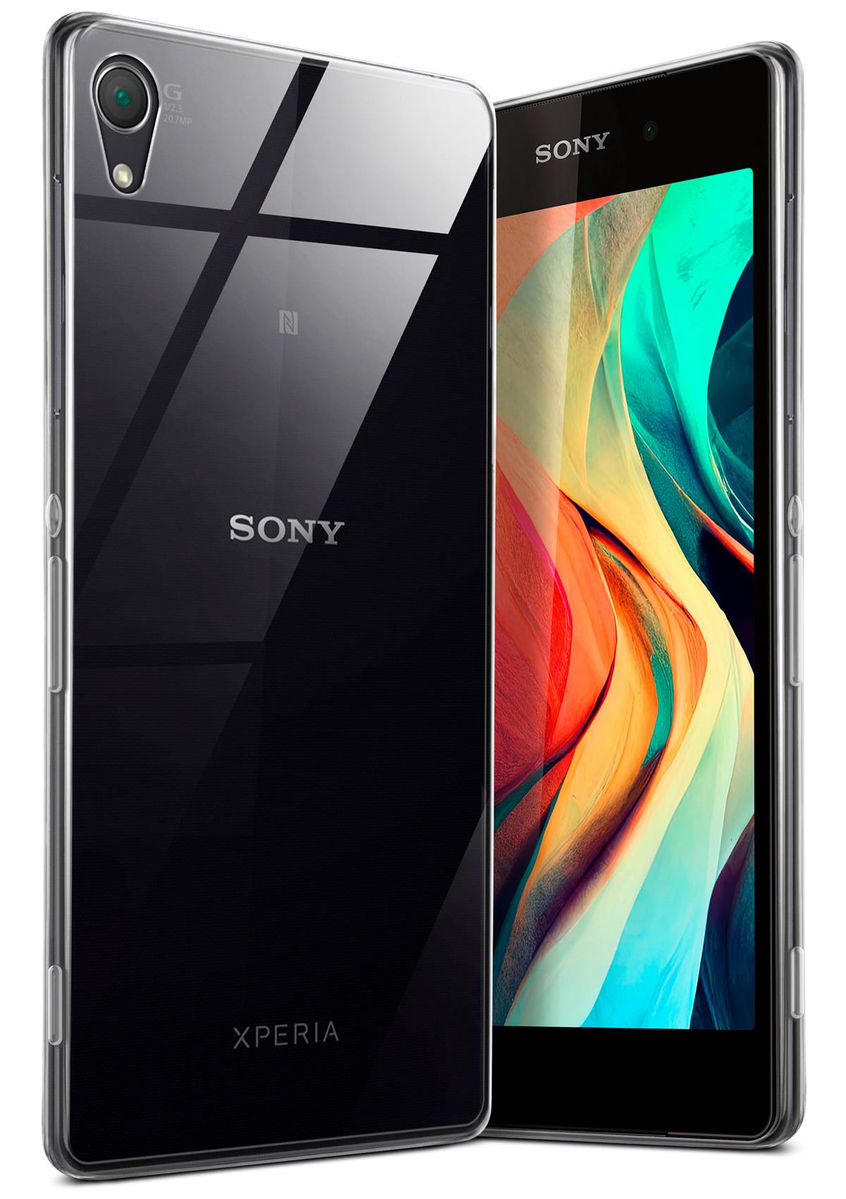 Sony-Telefon in schwarzer, transparenter Hülle. Der Bildschirm zeigt bunte, abstrakte Formen.