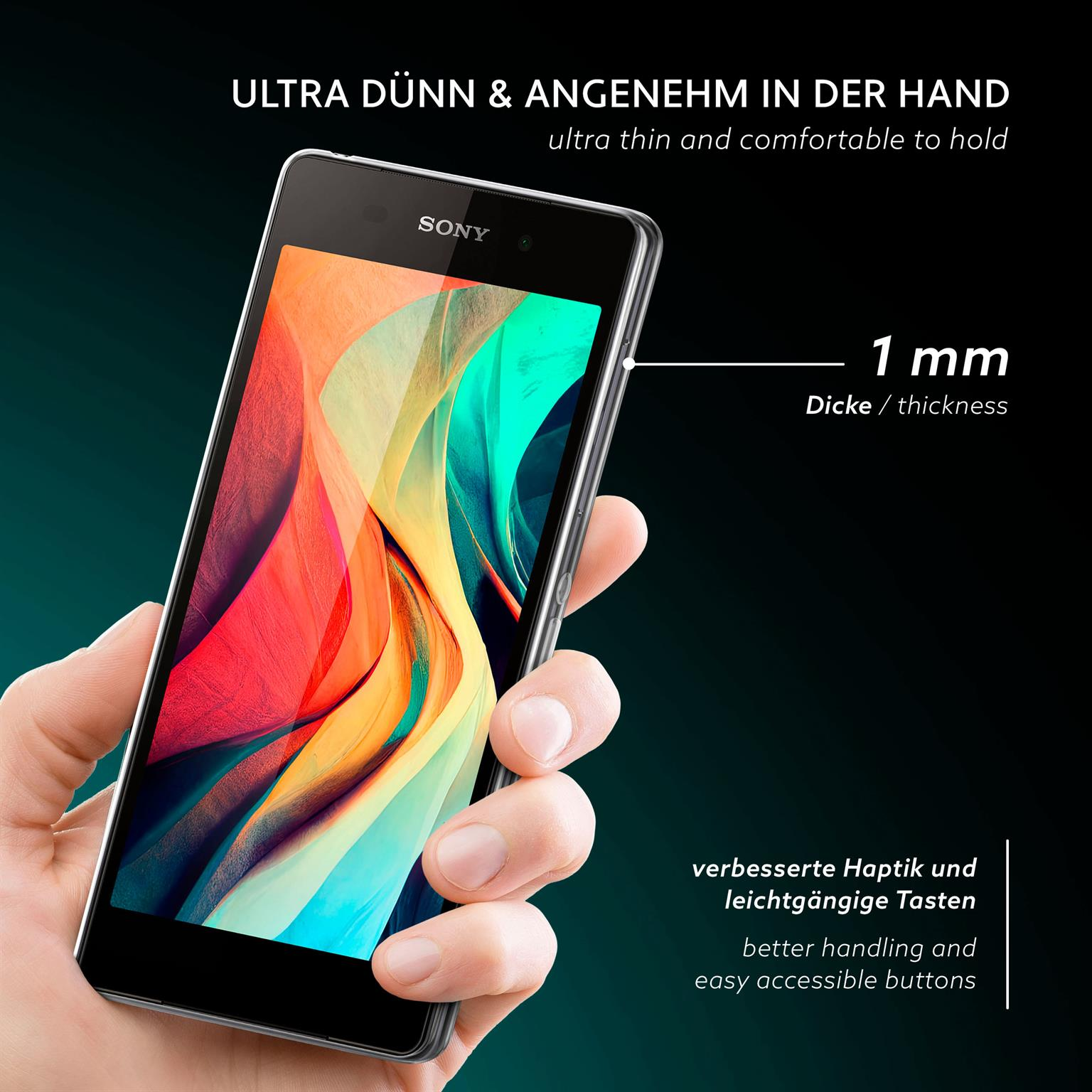 Hand hält ein schwarzes Telefon mit klarer Displayschutzfolie. 1 mm Dicke markiert.