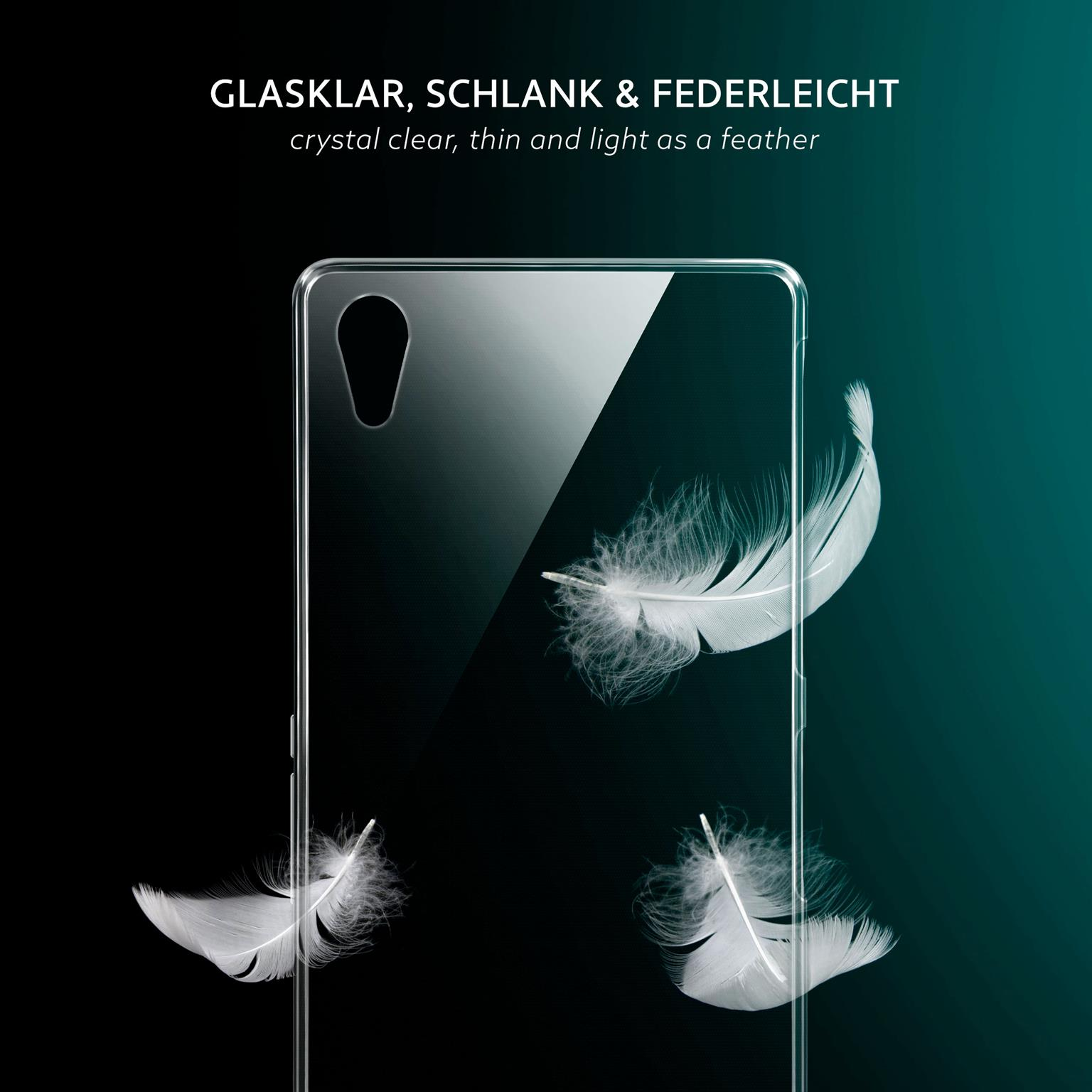 Eine transparente Handyhülle mit weißen Federn auf tealfarbenem Hintergrund.
