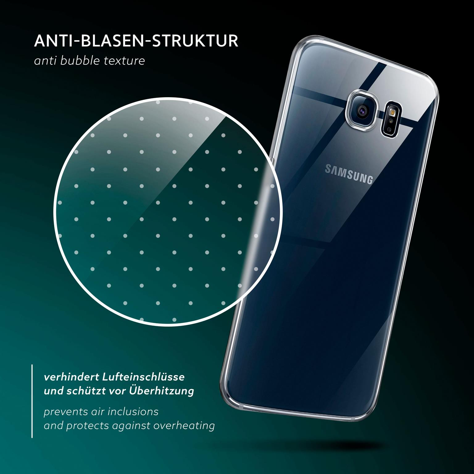 Transparente Handyhülle mit schwarzem Handy. Ein Vergrößerungskreis hebt die Anti-Blasen-Textur hervor.