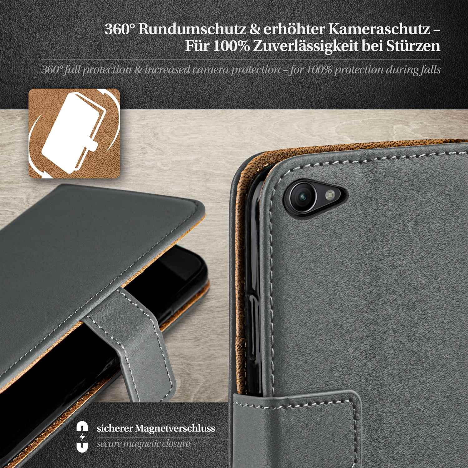 Graue Handyhülle mit Telefon innen, Kameradetail und Text über Schutz, mit Magnetverschluss.
