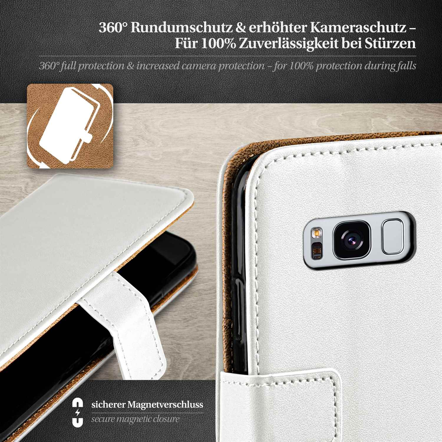 Weiße Handyhülle mit Smartphone. Text: 360° Rundumschutz & erhöhter Kameraschutz.