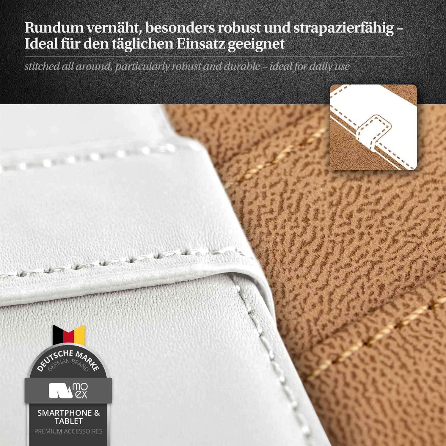Weiße Lederhülle mit weißen Nähten. Kleines Logo sichtbar. Brauner Lederhintergrund.