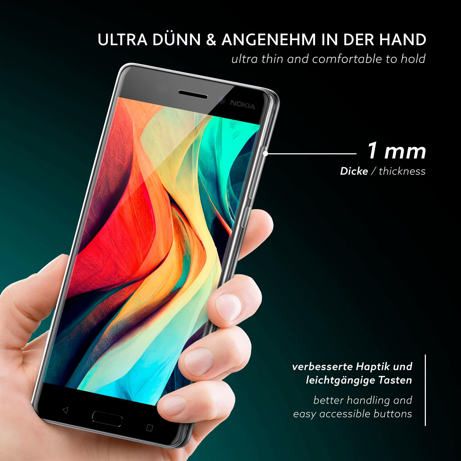 Hand hält ein schwarzes Nokia-Telefon. Text sagt 'Ultra dünn'. Der Hintergrund ist dunkelgrün.