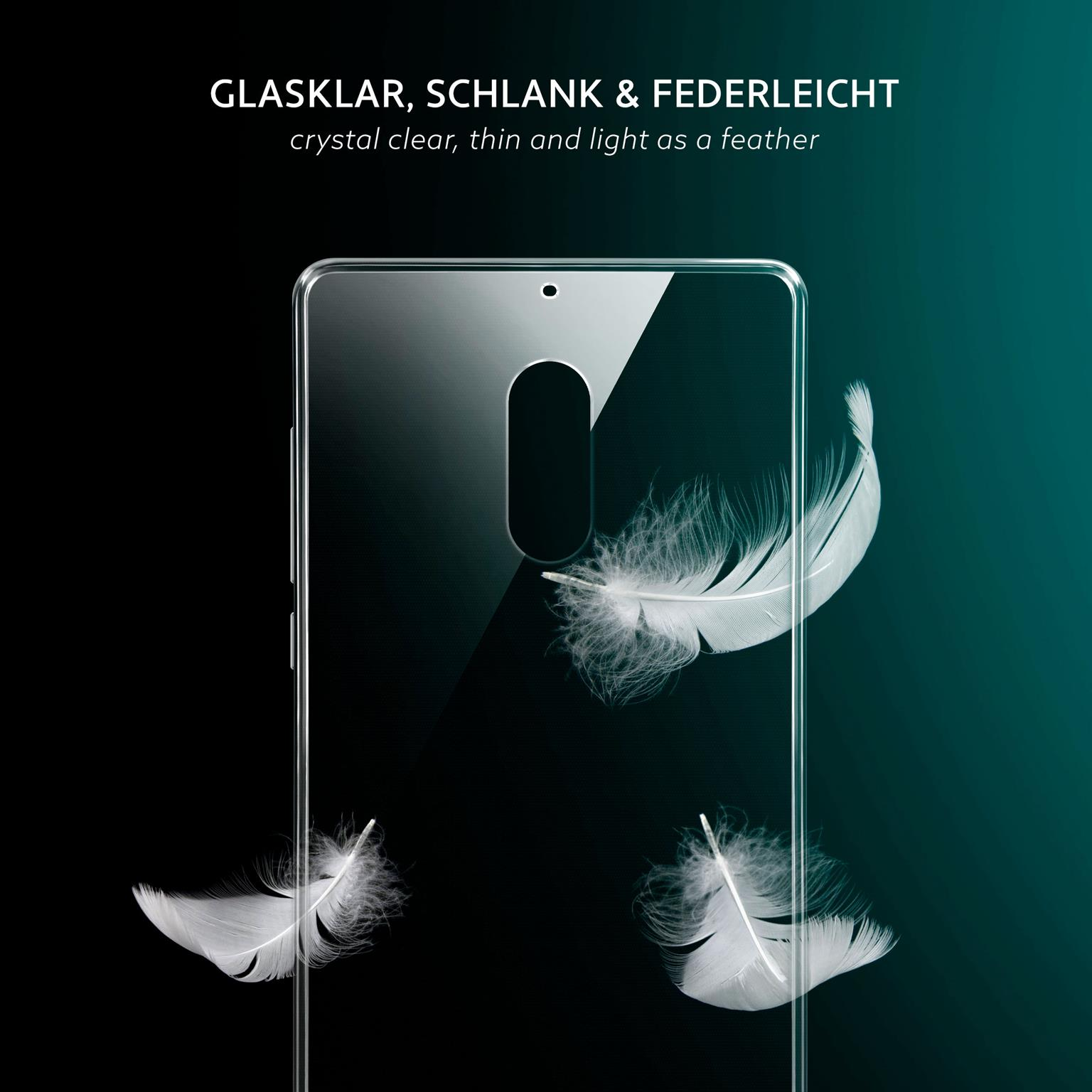 Transparente Handyhülle mit drei weißen Federn. Schwarzer und türkisfarbener Hintergrund. Telefon ist sichtbar.
