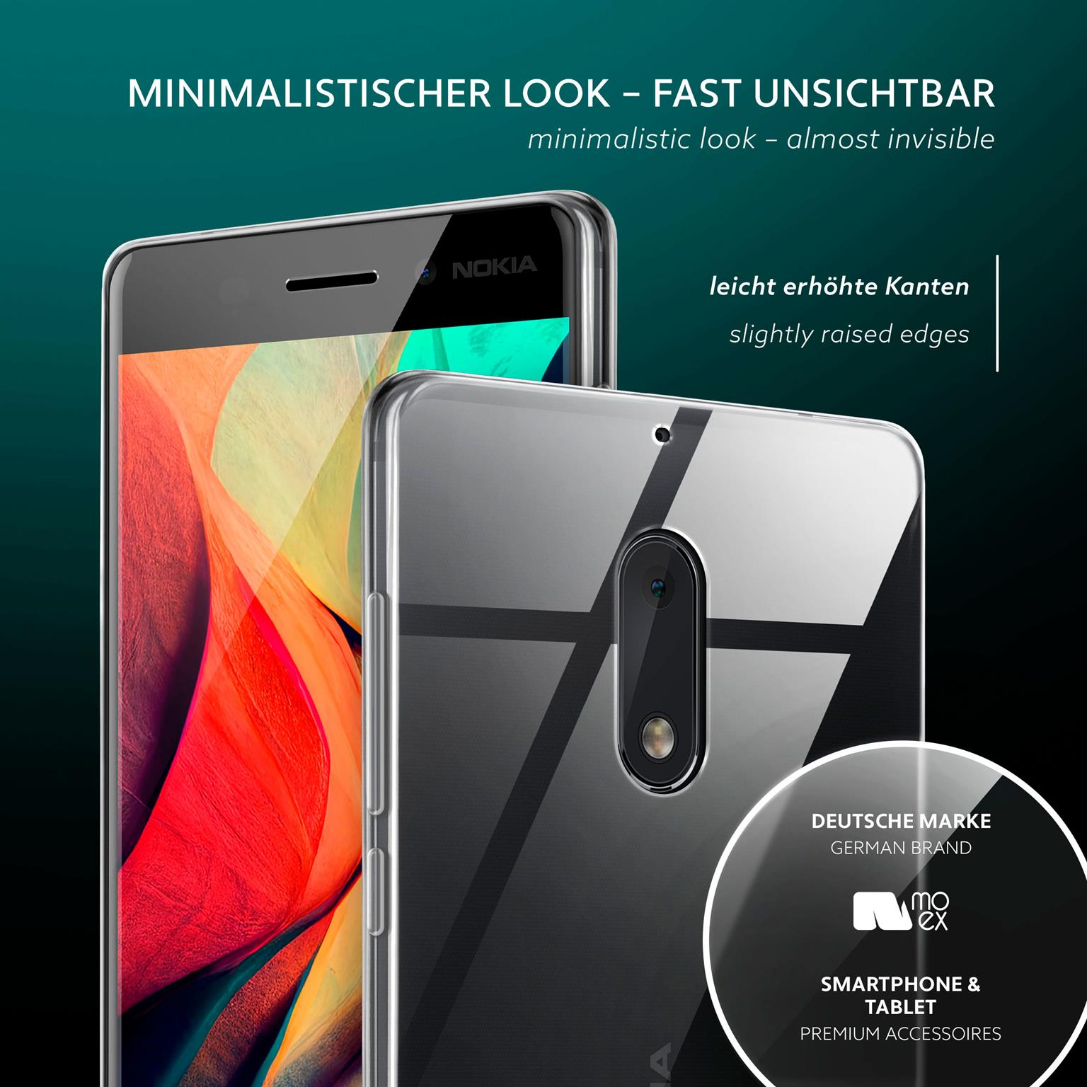 Klare Handyhülle auf einem schwarzen Nokia-Telefon. Text enthält 'minimalistischer Look' und 'deutsche Marke'.