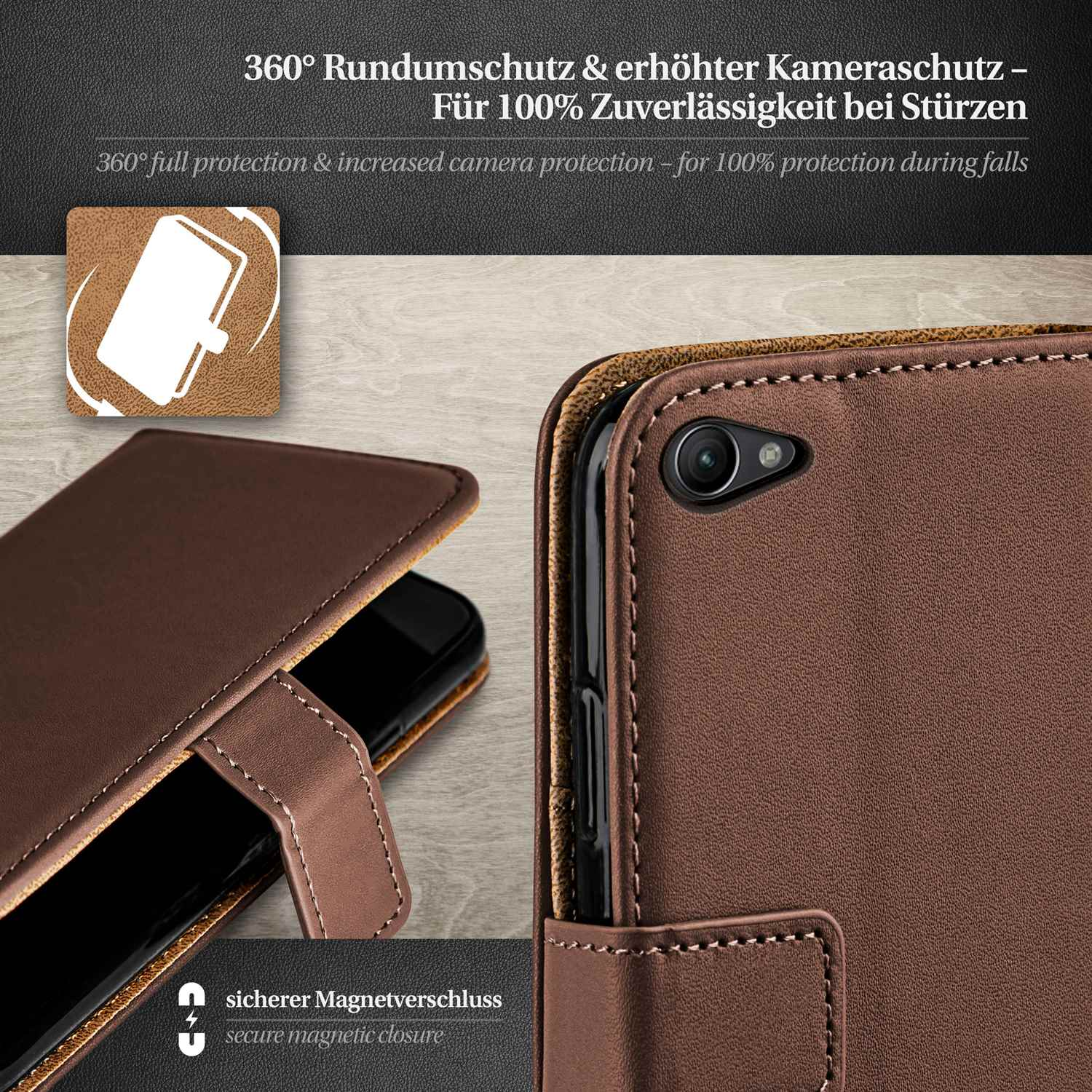 Braune Handyhülle mit Telefon im Inneren. Kamera sichtbar. Braune und schwarze Farben.