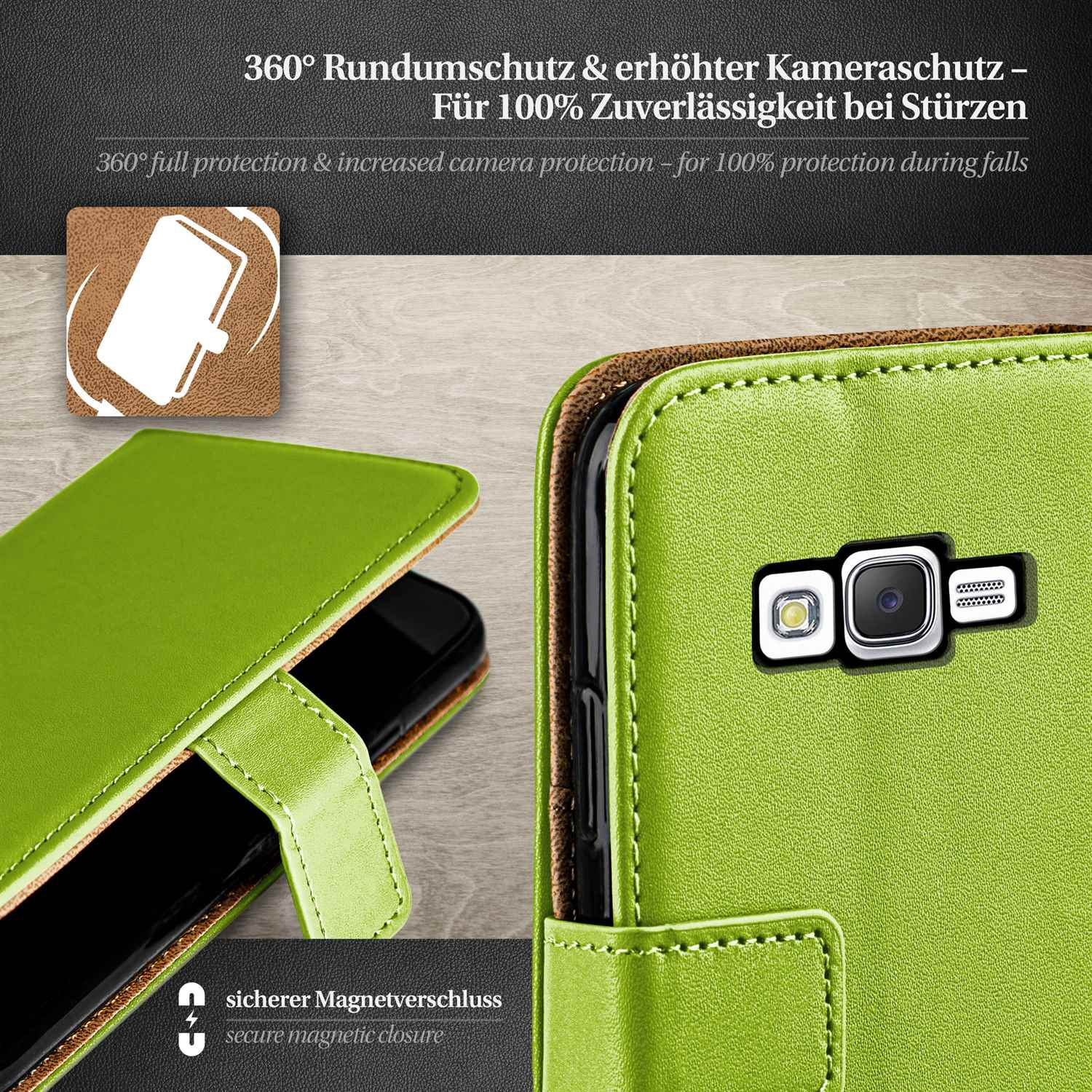 Grüne Handyhülle mit Telefon, Kamera und Magnetverschluss, Logo.