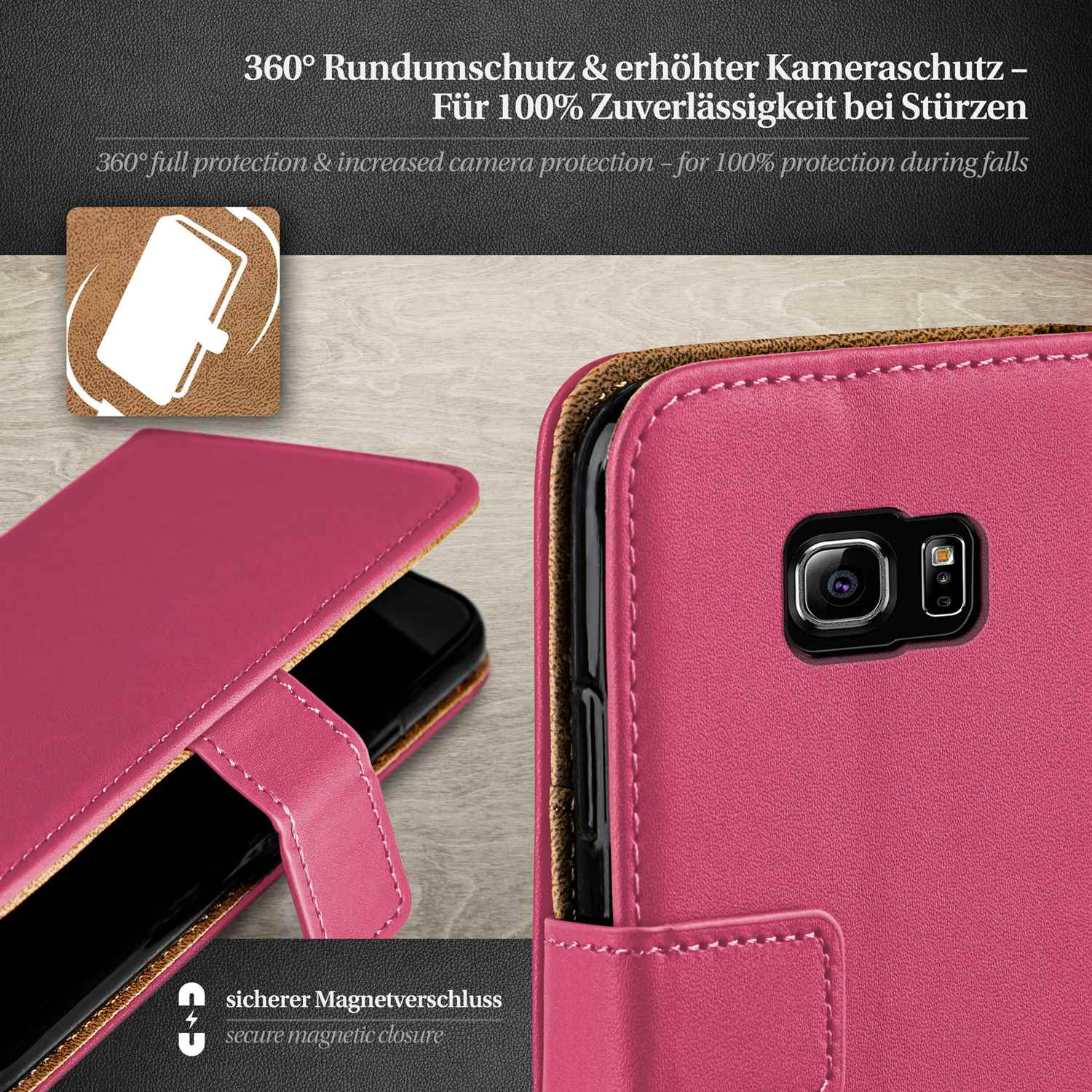 Pinke Handyhülle mit Kameradetail. Text: 360° Schutz, sicherer Magnetverschluss.