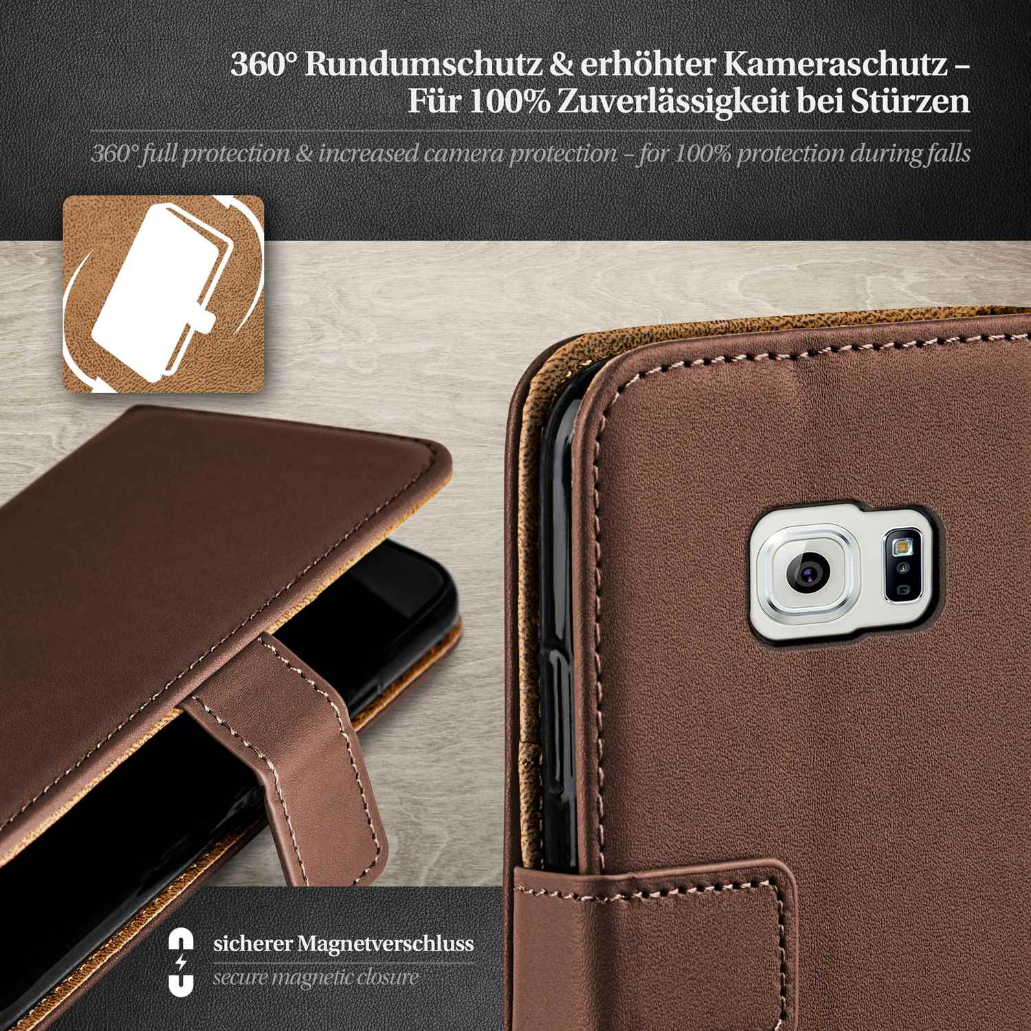 Braune Handyhülle mit Telefon darin. Die Hülle hat einen sicheren Magnetverschluss und Kameraschutz.