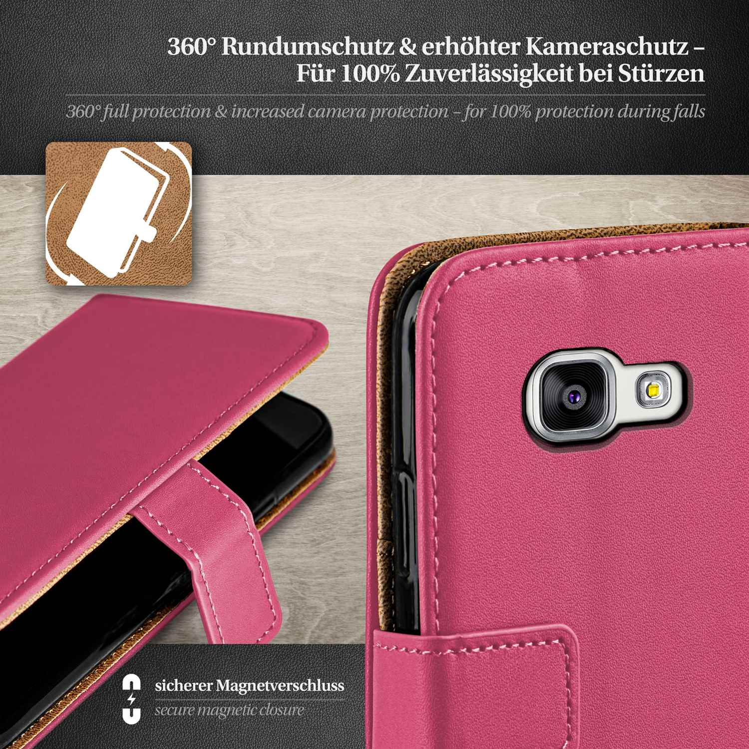 Rosa Handyhülle mit Telefon im Inneren. Kamera sichtbar. Rosa und braune Farben.