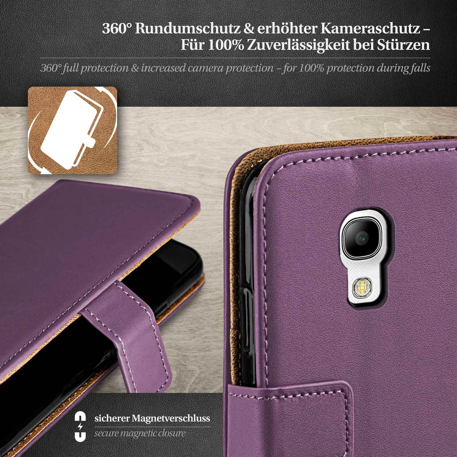 Lila Handyhülle, Kameradetails, Magnetverschluss.