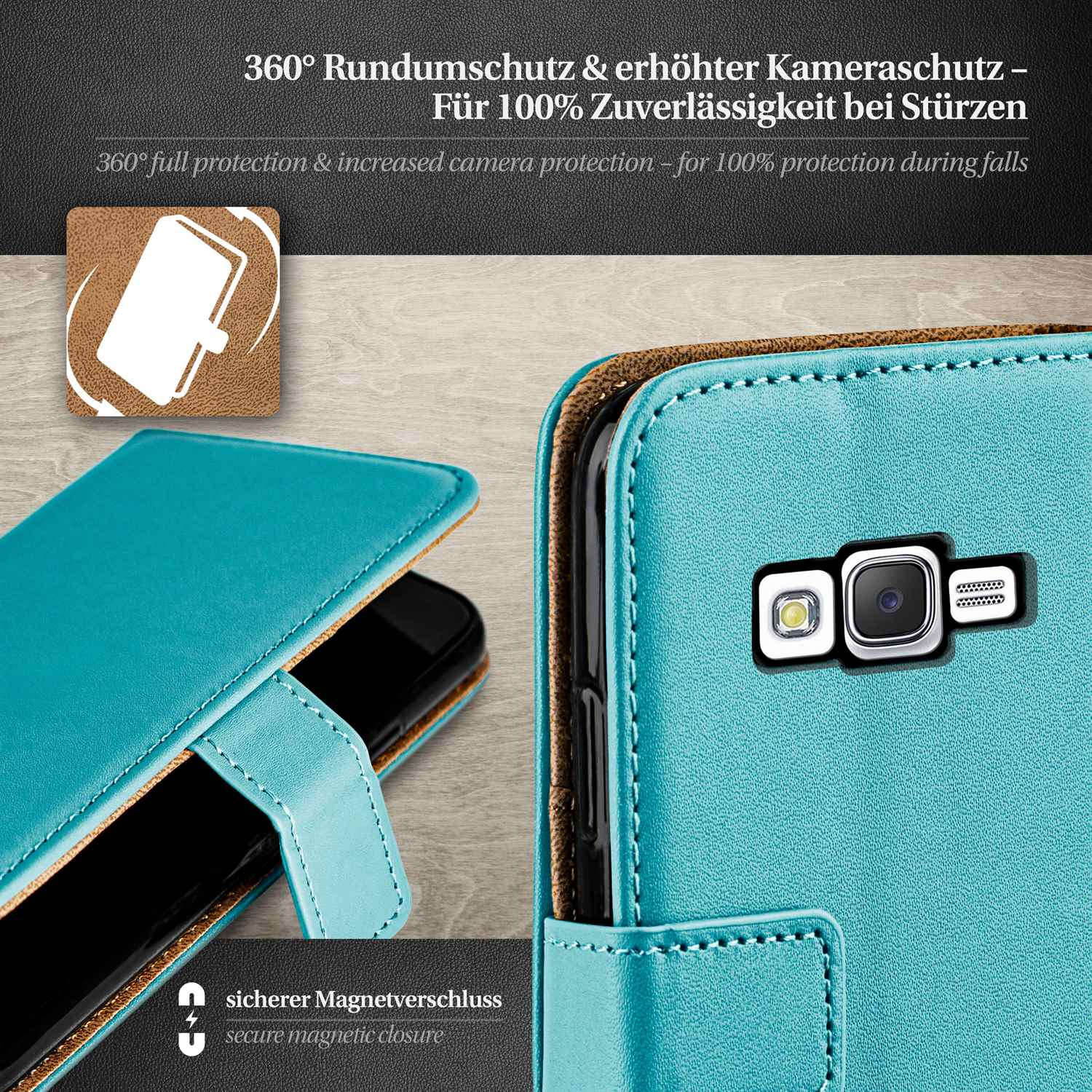 Türkisfarbene Handyhülle mit Telefon. Text: 360° Rundumschutz. Erhöhter Kameraschutz. Sicherer Magnetverschluss.