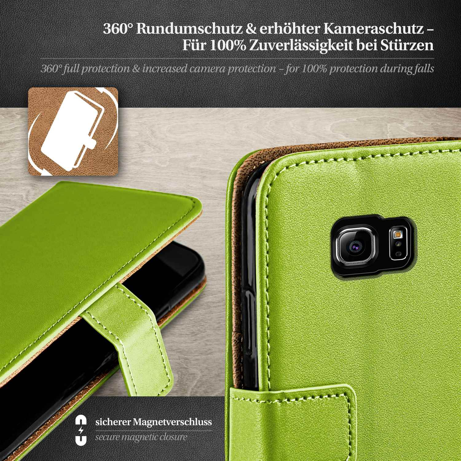 Grüne Handyhülle, geöffnet, mit schwarzem Telefon, Kamera und Magnetverschluss.