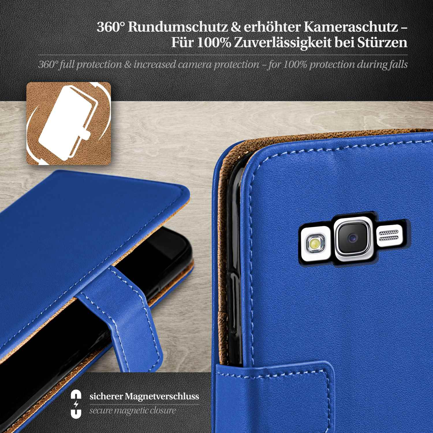 Blaue Handyhülle mit Telefon, Text über Schutz und Kamerasicherheit.