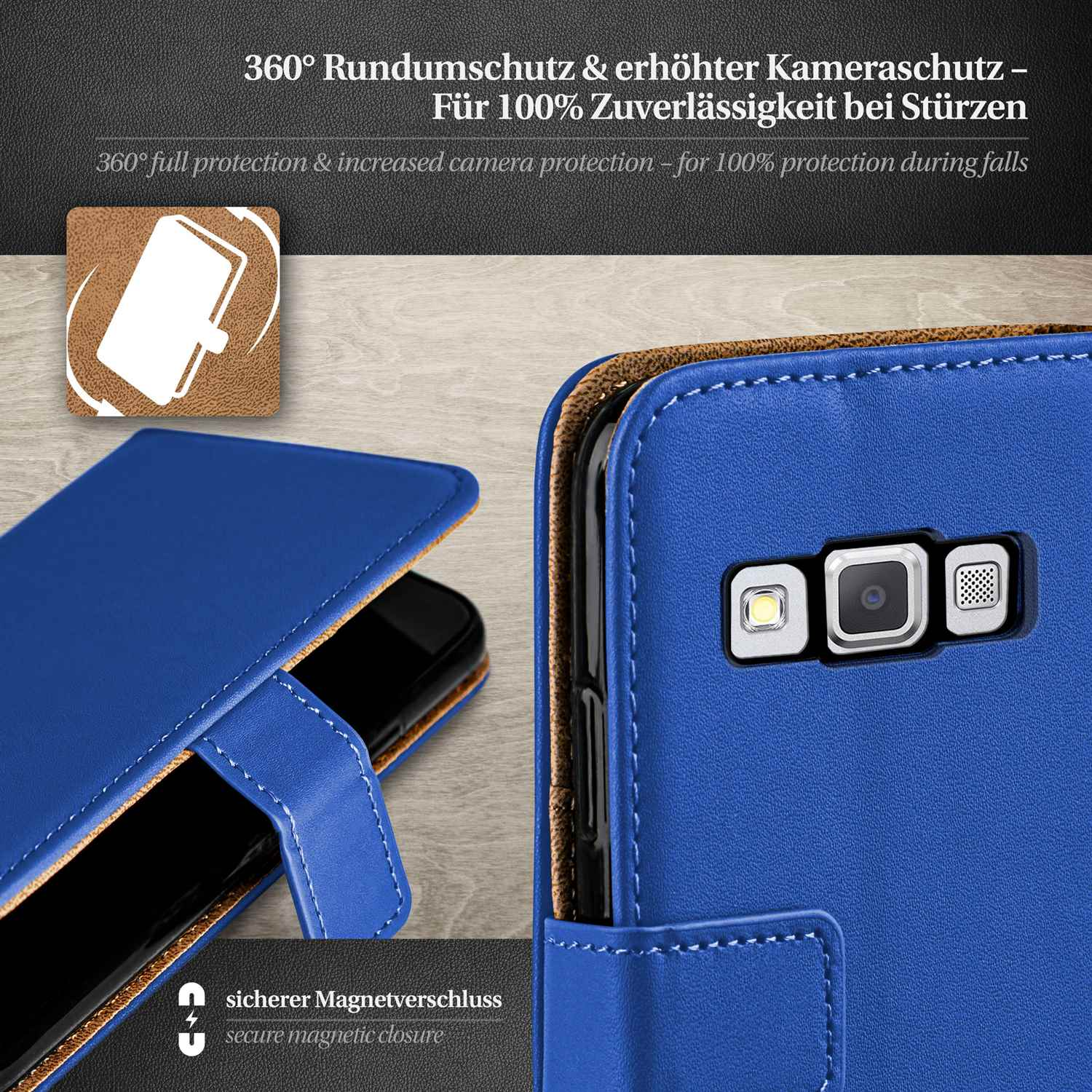 Blaue Handyhülle mit Telefon. Nahaufnahme Kamera, Deckel und Magnetverschluss.