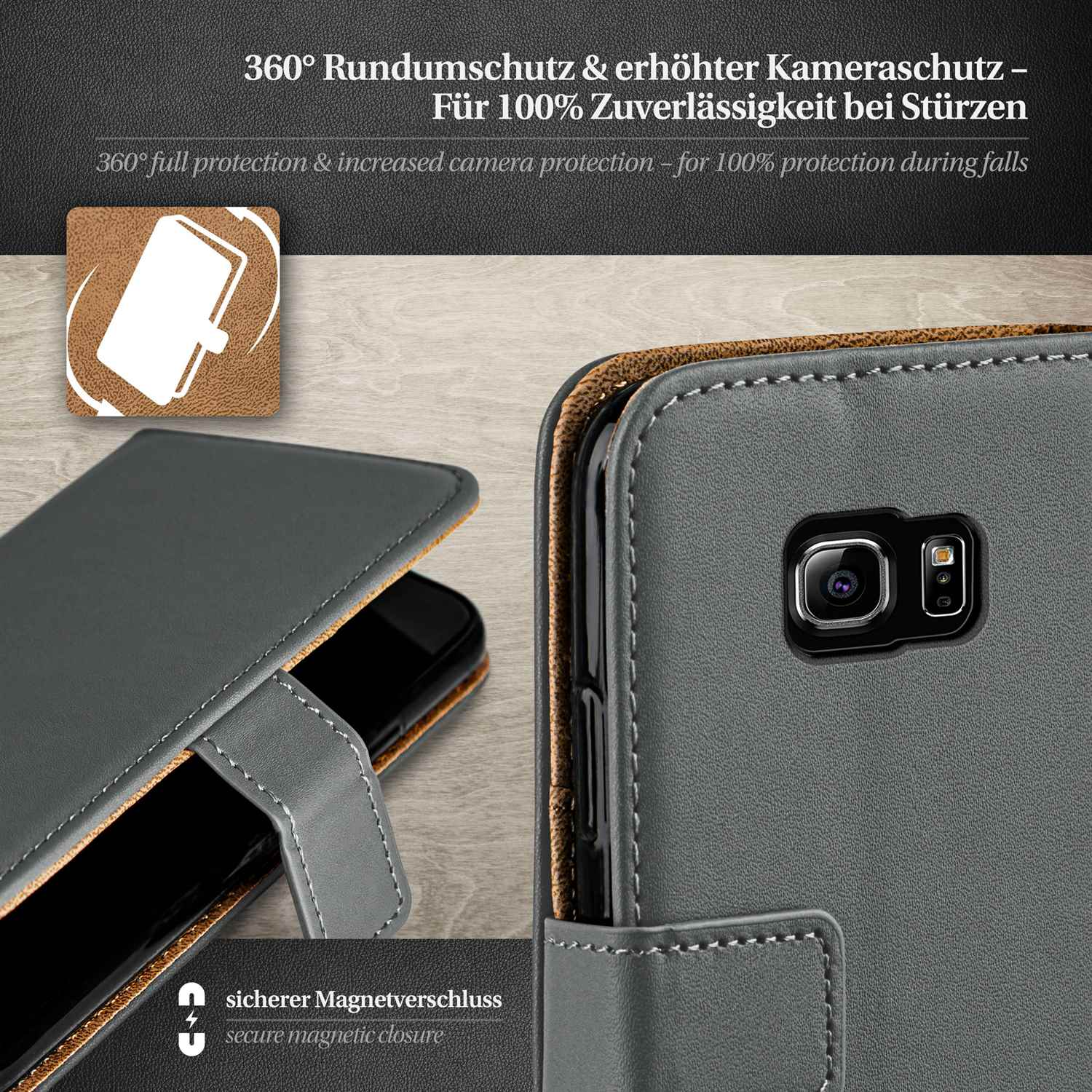 Eine graue Handyhülle mit einem Telefon darin. Details eines Magnetverschlusses werden gezeigt.