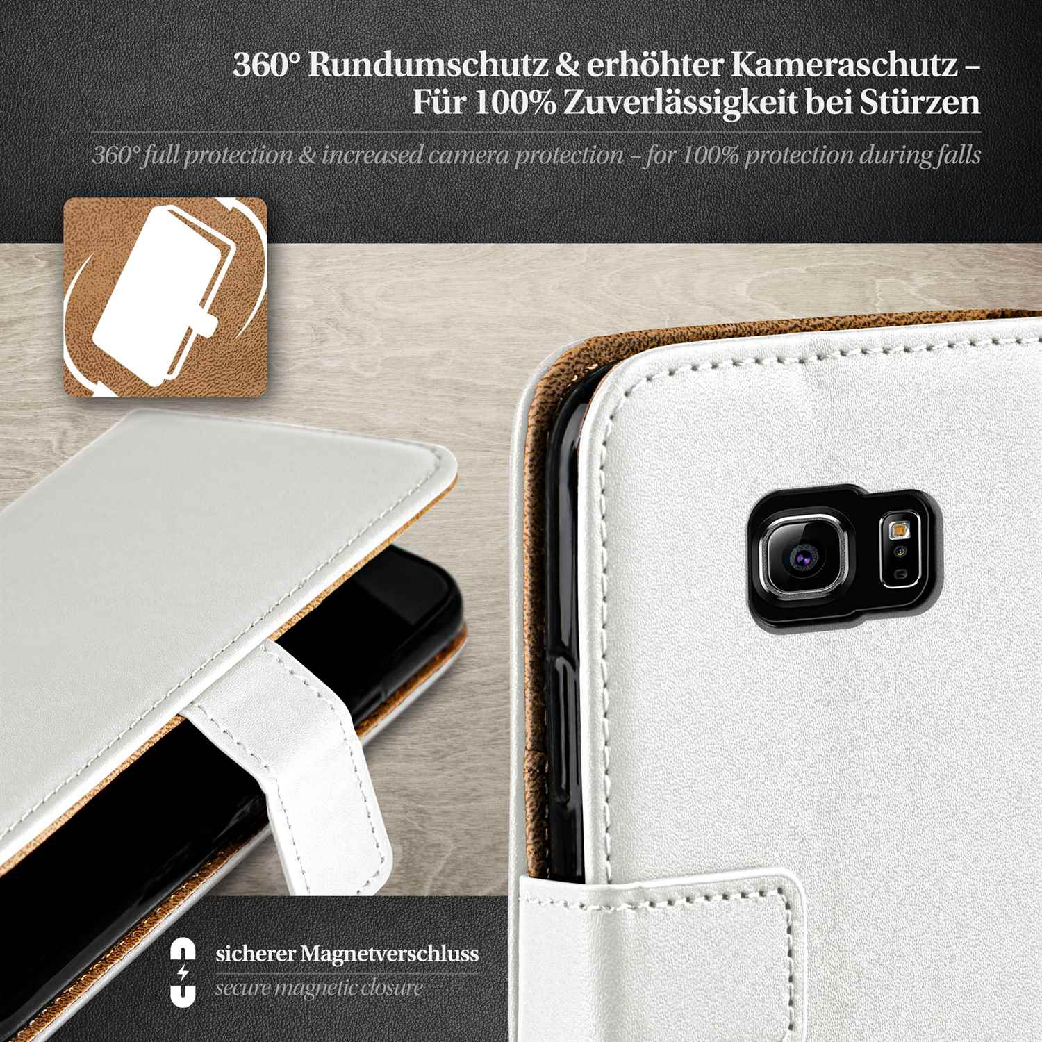 Weiße Handyhülle, Telefon darin, Magnetverschluss, Kamera sichtbar, mit Pflanze.