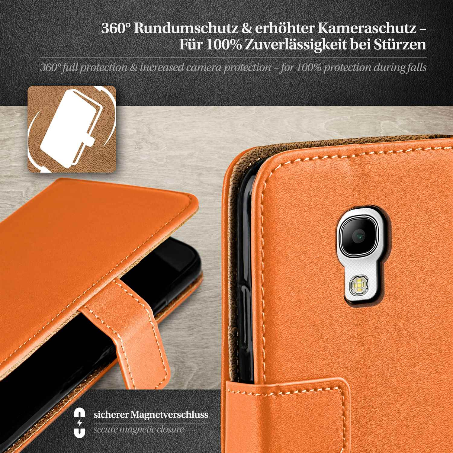 Eine orangefarbene Handyhülle ist geöffnet und zeigt das Telefon im Inneren.