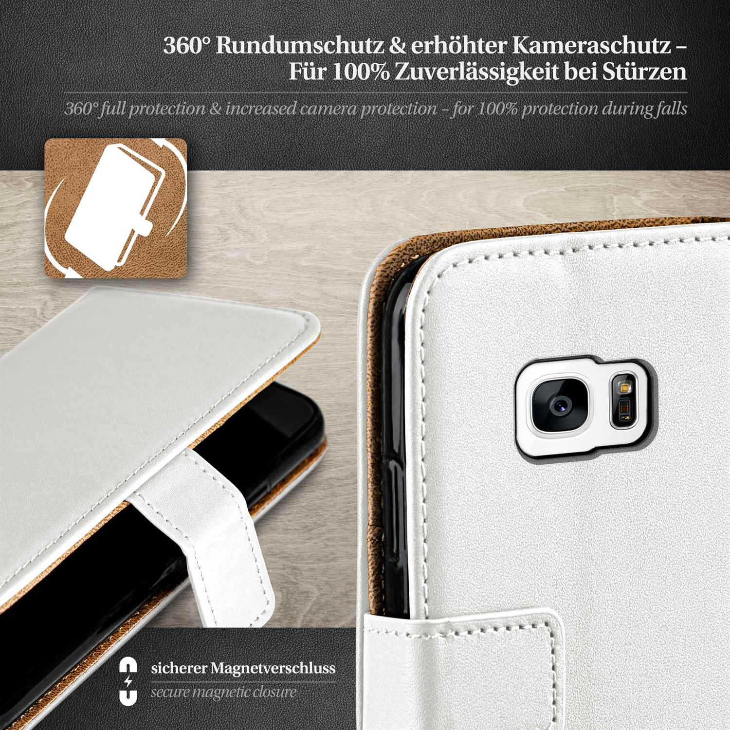 Weiße Handyhülle, offen. Telefon innen. Brauner Hintergrund, weiße Nähte, sicherer Verschluss.