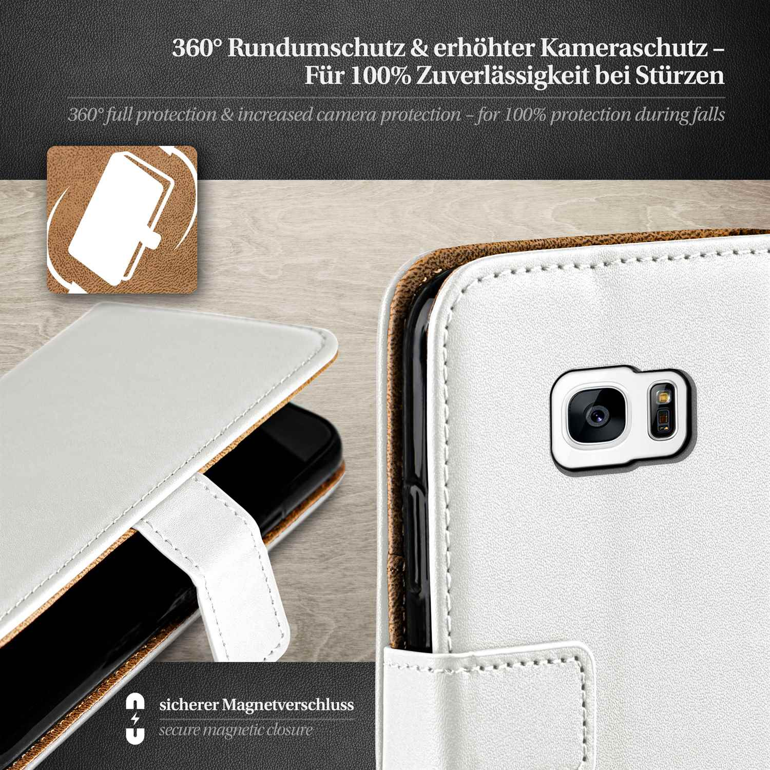 Ein Telefon in einer weißen Hülle, teilweise geöffnet. Nahaufnahme der Details, braune Oberfläche.