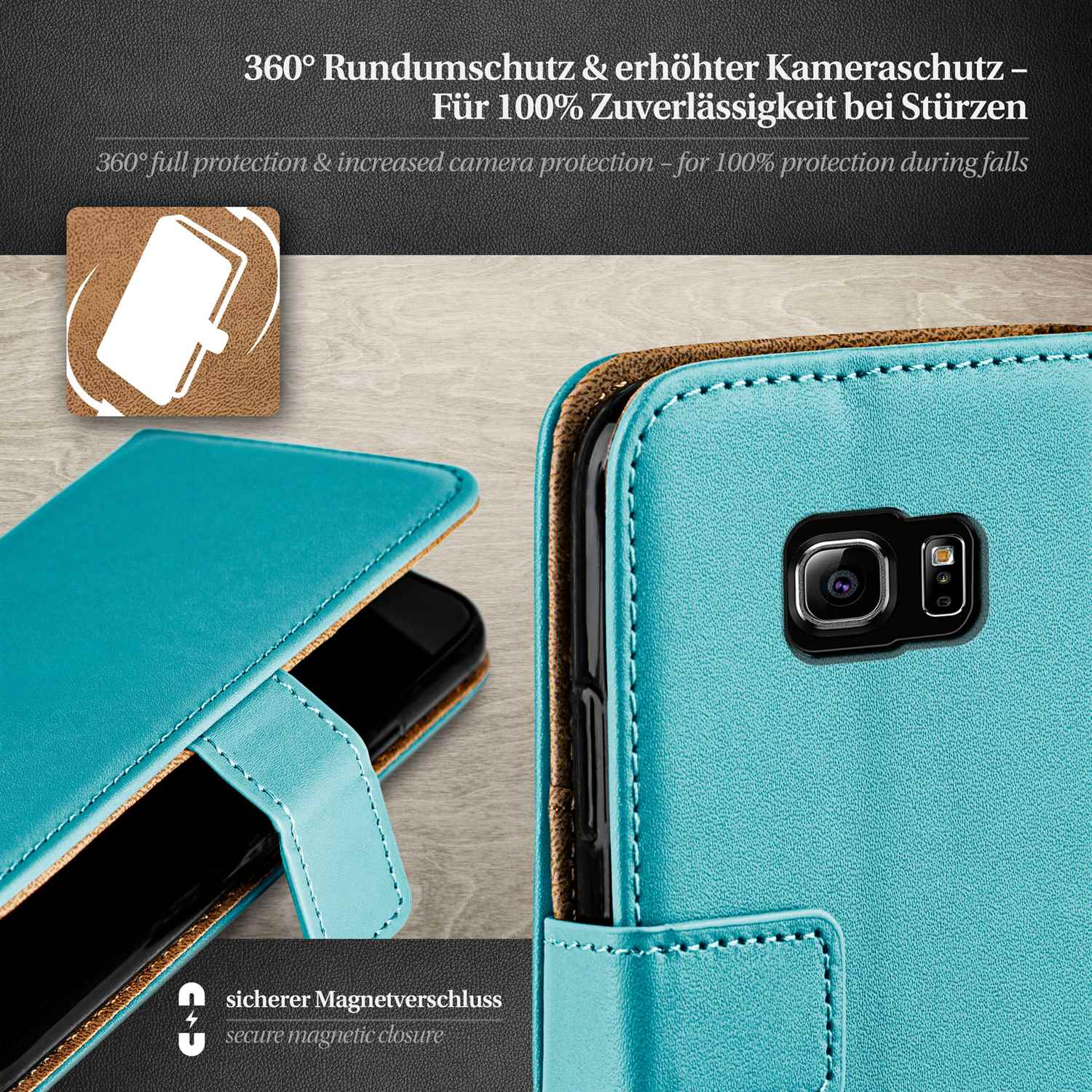 Eine blaue Handyhülle mit einem Telefon darin. Es hat einen Magnetverschluss.
