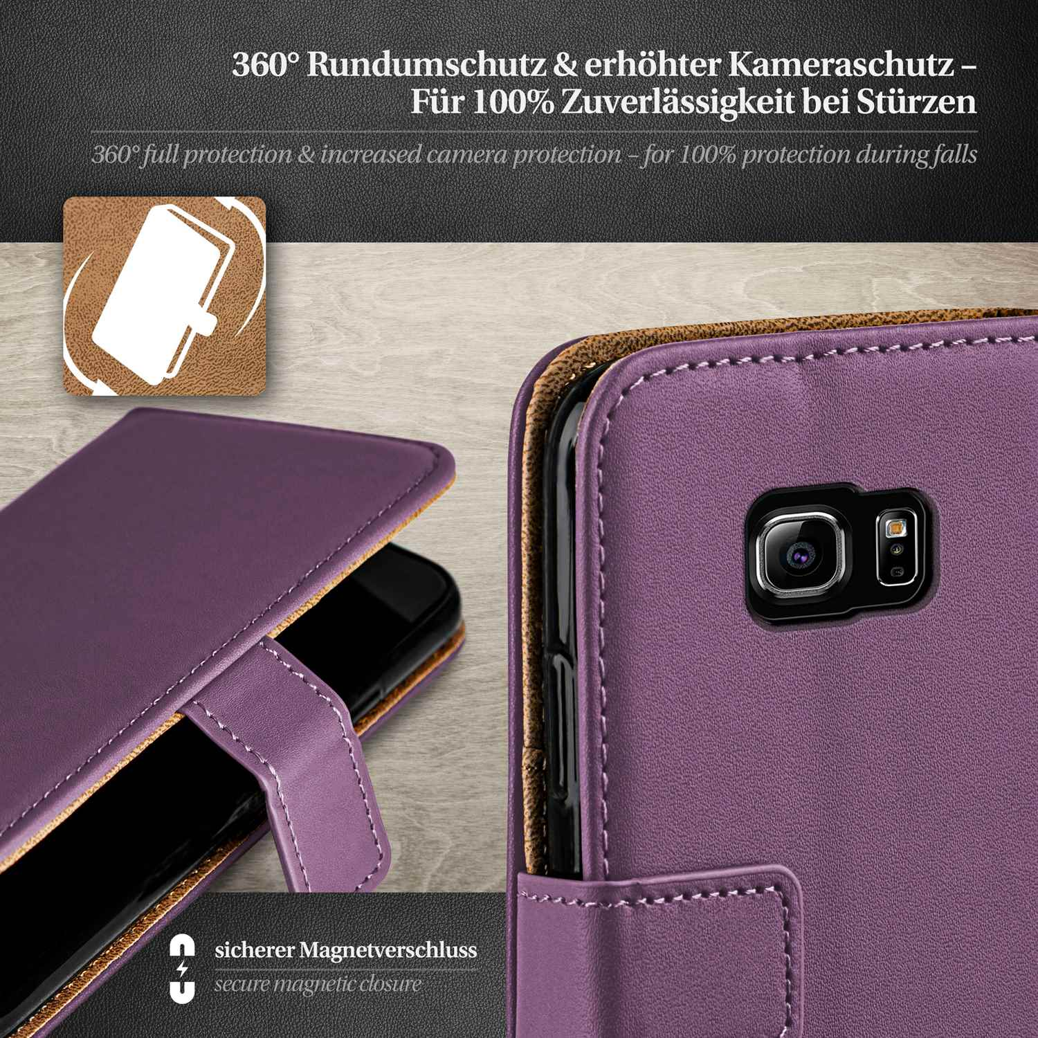 Lila Handyhülle mit Telefon. Magnetverschluss und vollständiger Schutz.